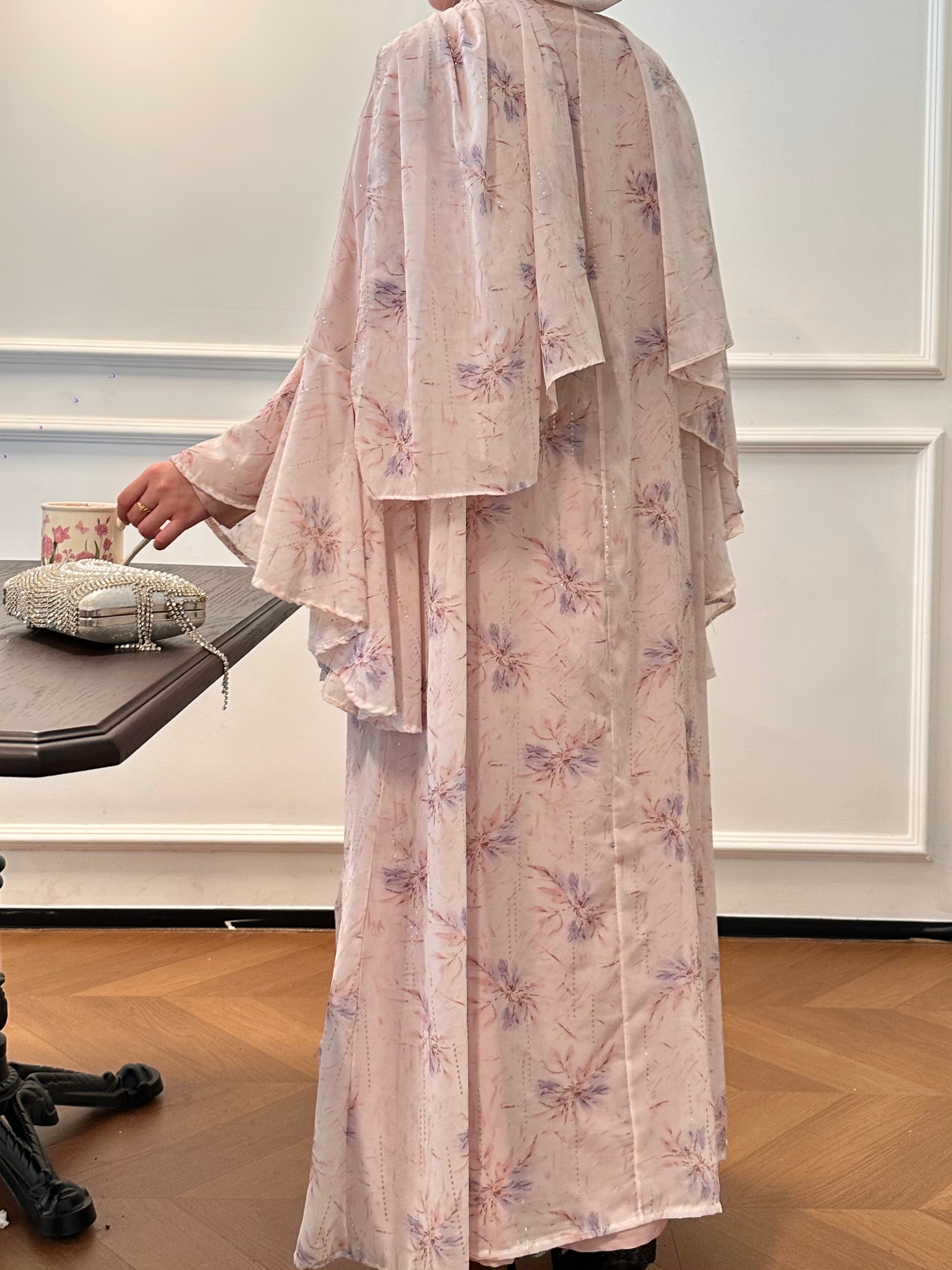 Dubai Women Pink Chiffon Printed Dress Open Kimono Abaya Floral Pattern Slim Fit Dress Kaftan Summer Casual Fashion - detail 6