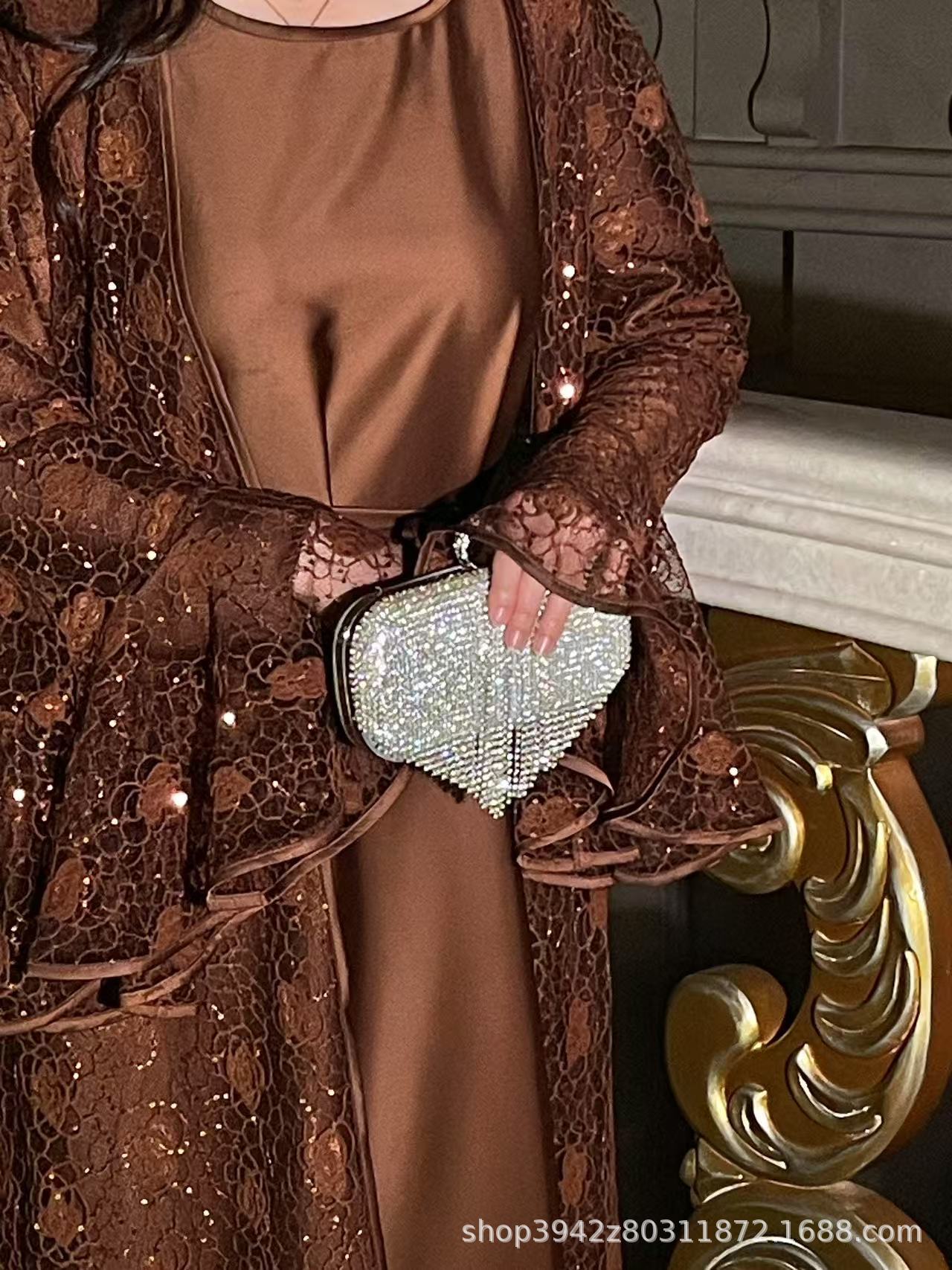 Muslim Party Women's Suits Lace Flare Sleeve Shawl Coat and Long Dress Two Piece Set Spring Elegant Solid Color Outfit - detail 4