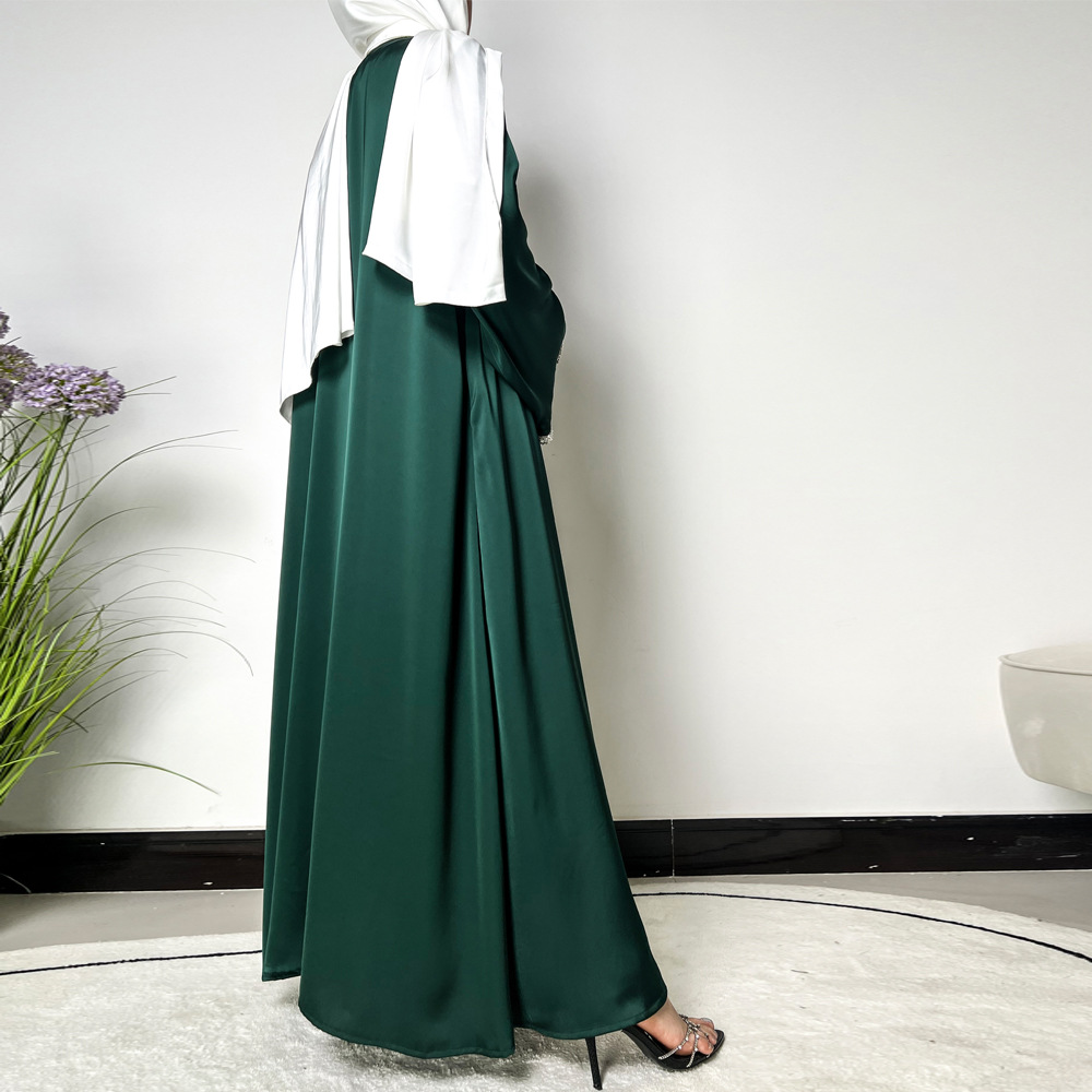Ramadan Muslim Set Abaya Women Satin Kimono Dress Hijab Belt Diamond Cardigan Abayas Kaftan Dubai Robe - detail 1