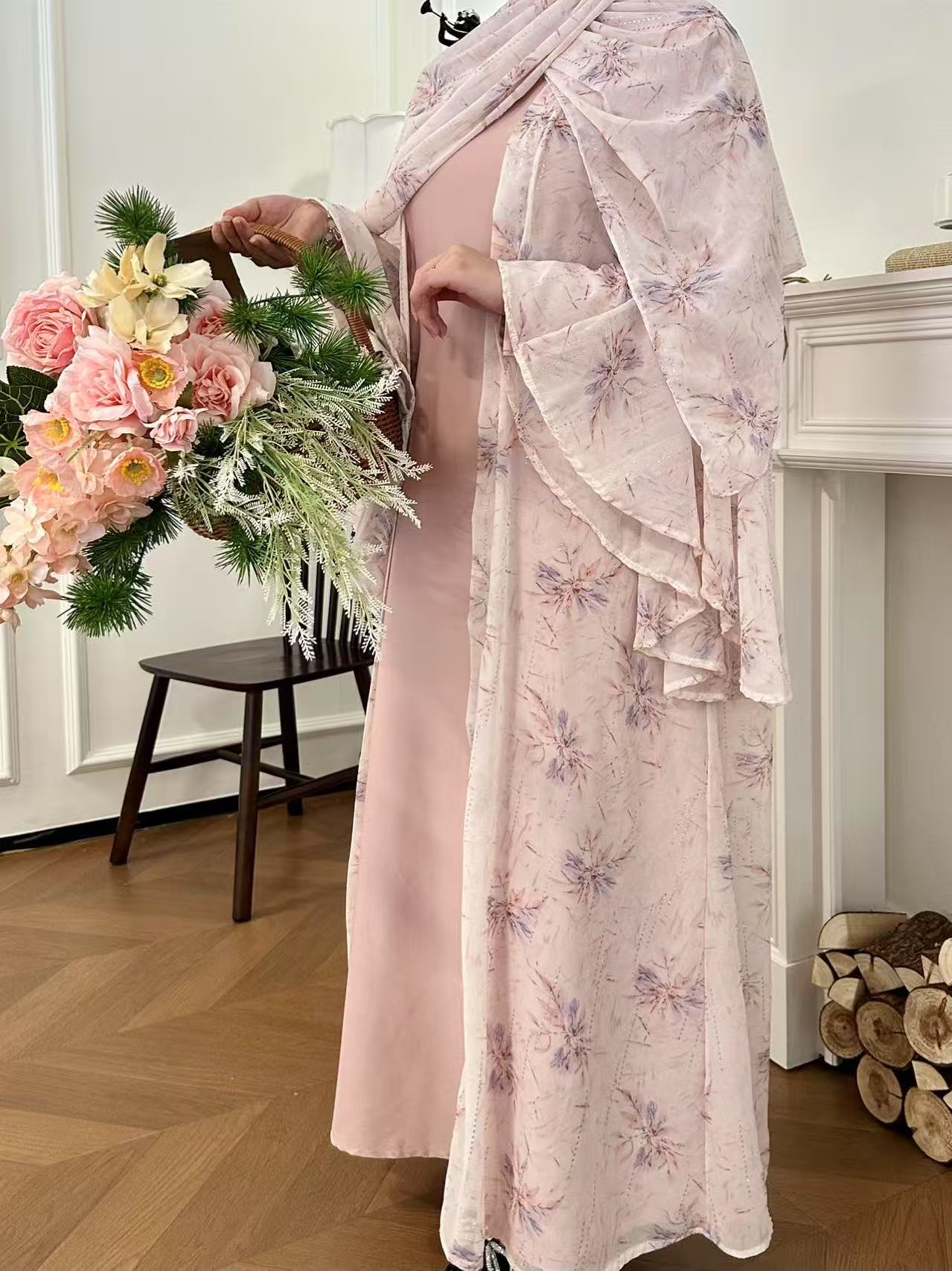Dubai Women Pink Chiffon Printed Dress Open Kimono Abaya Floral Pattern Slim Fit Dress Kaftan Summer Casual Fashion - detail 4