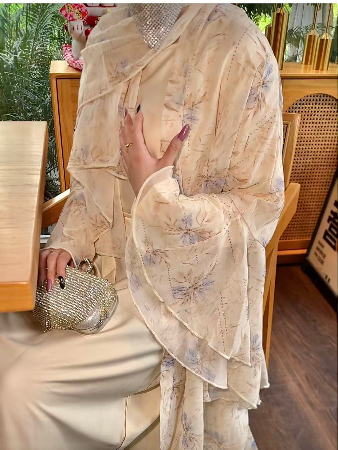 Dubai Women Pink Chiffon Printed Dress Open Kimono Abaya Floral Pattern Slim Fit Dress Kaftan Summer Casual Fashion - detail 3