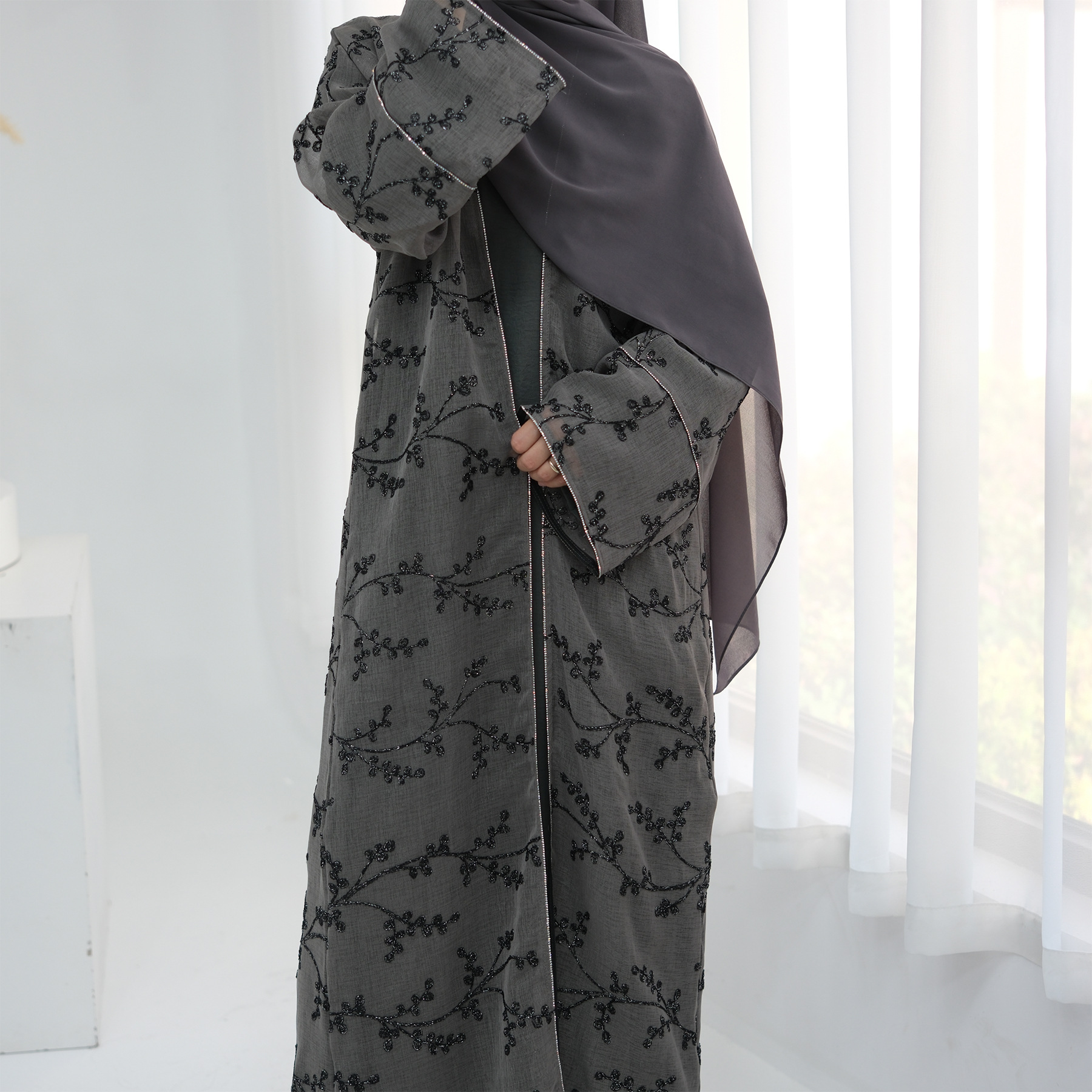 Muslim Women Dubai Abaya Luxury Embroidery Floral Long Dress Kimono Cardigan Kaftan Modest Robe Islamic Clothing - detail 12