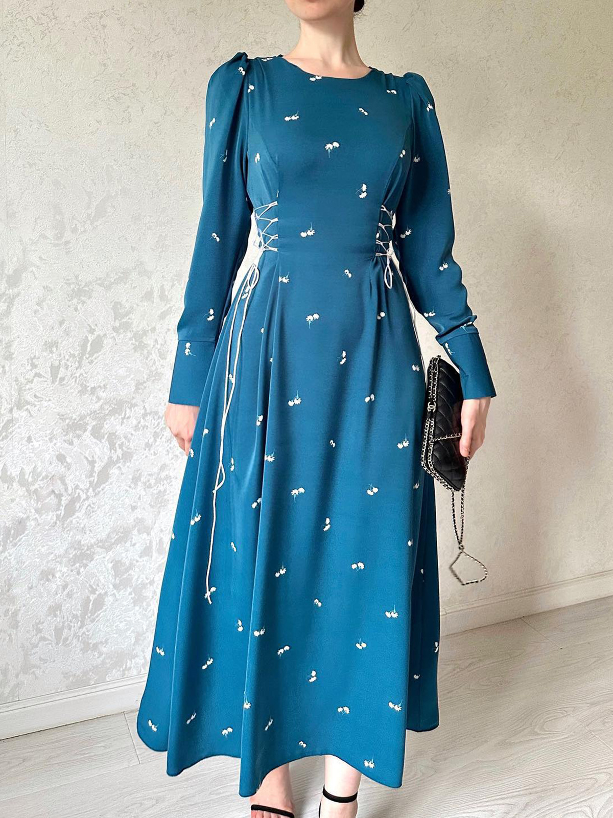 Chic Drawstring Waist Loose Dress Women Long Sleeve O Neck High Waist Pullover Swing Knee Length Spring Autumn - detail 5