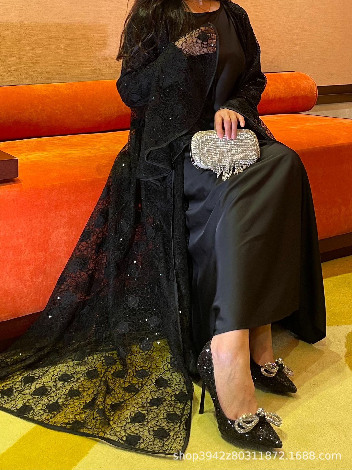 Muslim Party Women's Suits Lace Flare Sleeve Shawl Coat and Long Dress Two Piece Set Spring Elegant Solid Color Outfit - detail 7