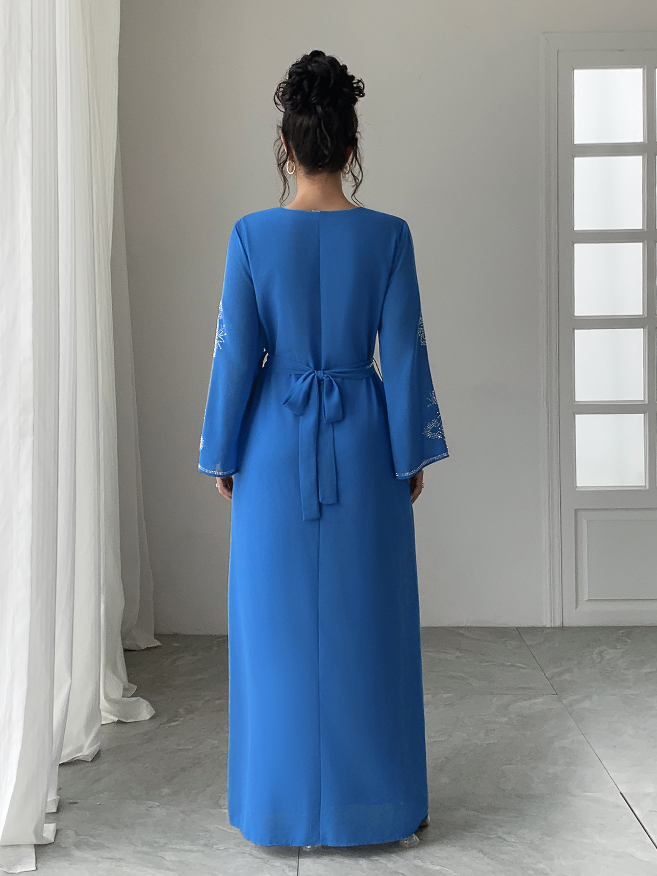 Women Diamond Dress Abaya Muslim Jalabiya Ramadan V Neck Party Dresses Arab Long Robe Dubai Kaftan - detail 11
