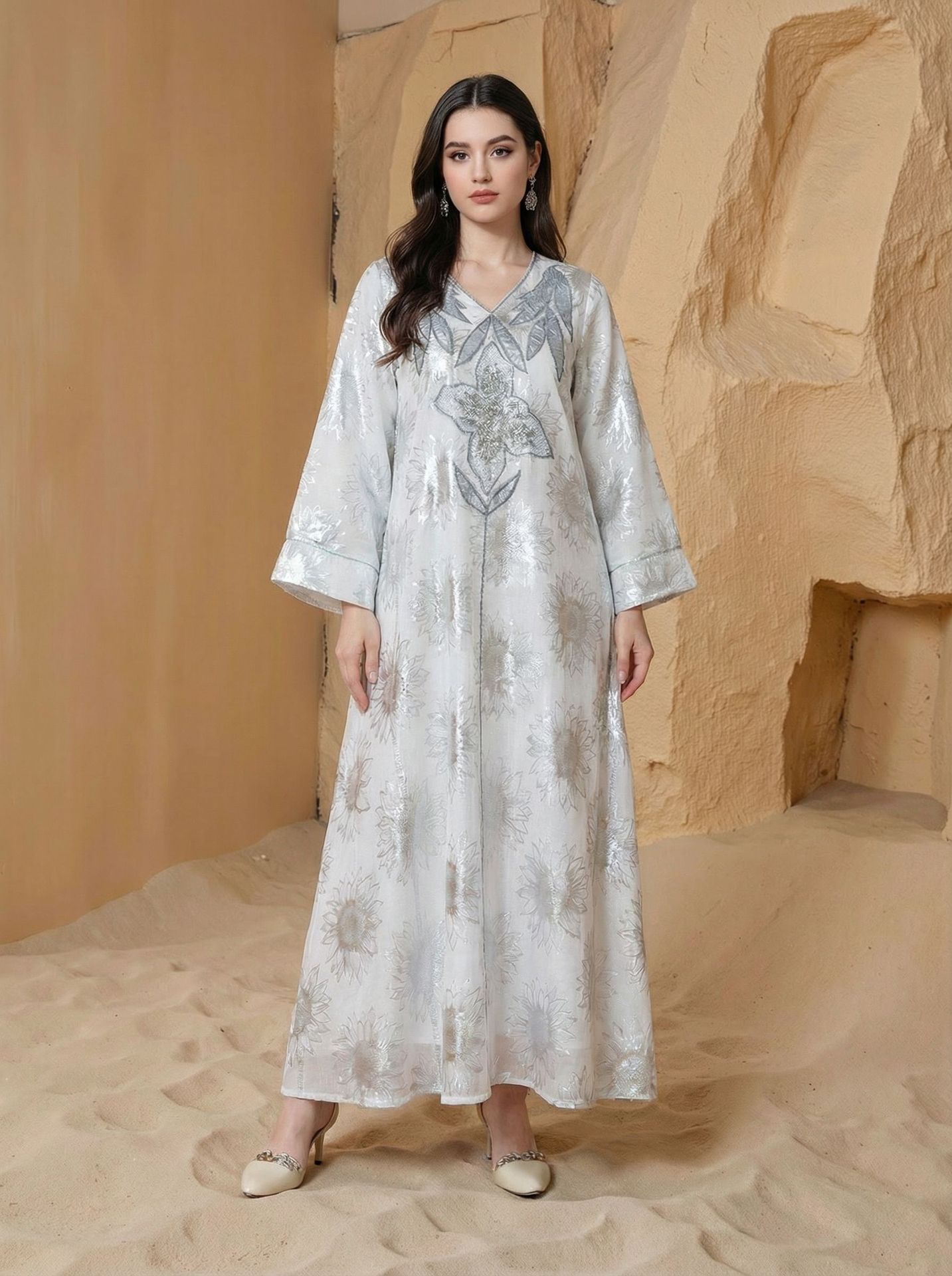 Abaya Women Party Dress Kaftan Jalabiya V Neck Sequins Muslim Dubai Ramadan Caftan Long Robe - detail 6