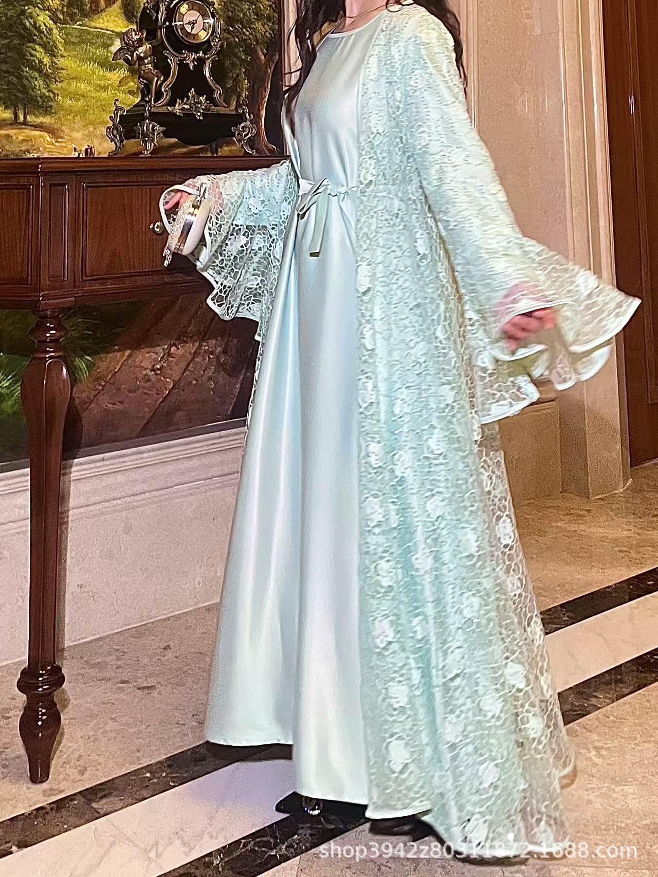 Muslim Party Women's Suits Lace Flare Sleeve Shawl Coat and Long Dress Two Piece Set Spring Elegant Solid Color Outfit - detail 8