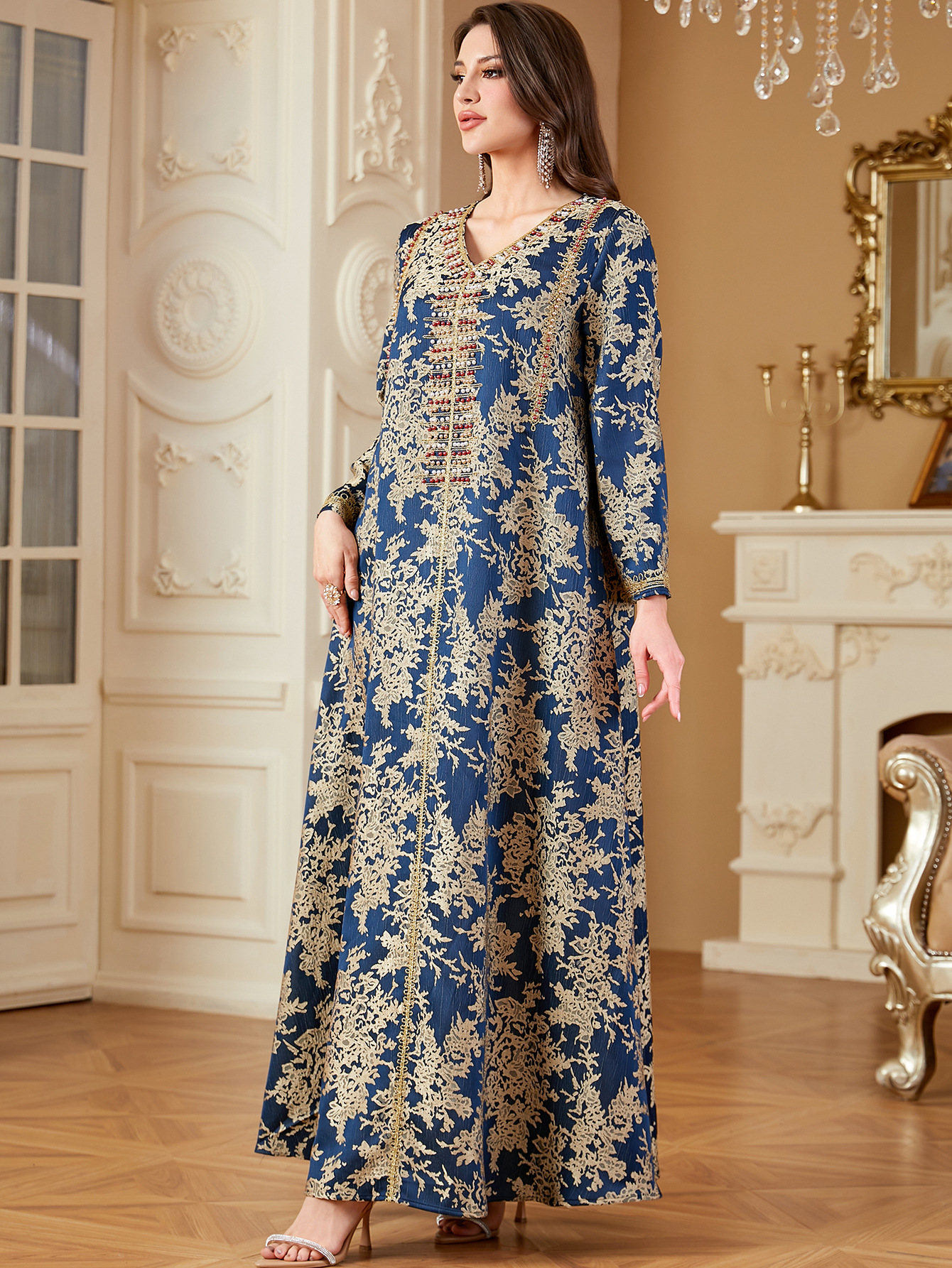 Women Embroidery Print Dress Abaya Women Party Jalabiya Muslim Dubai  Ramadan Prayer Caftan Robe - detail 1