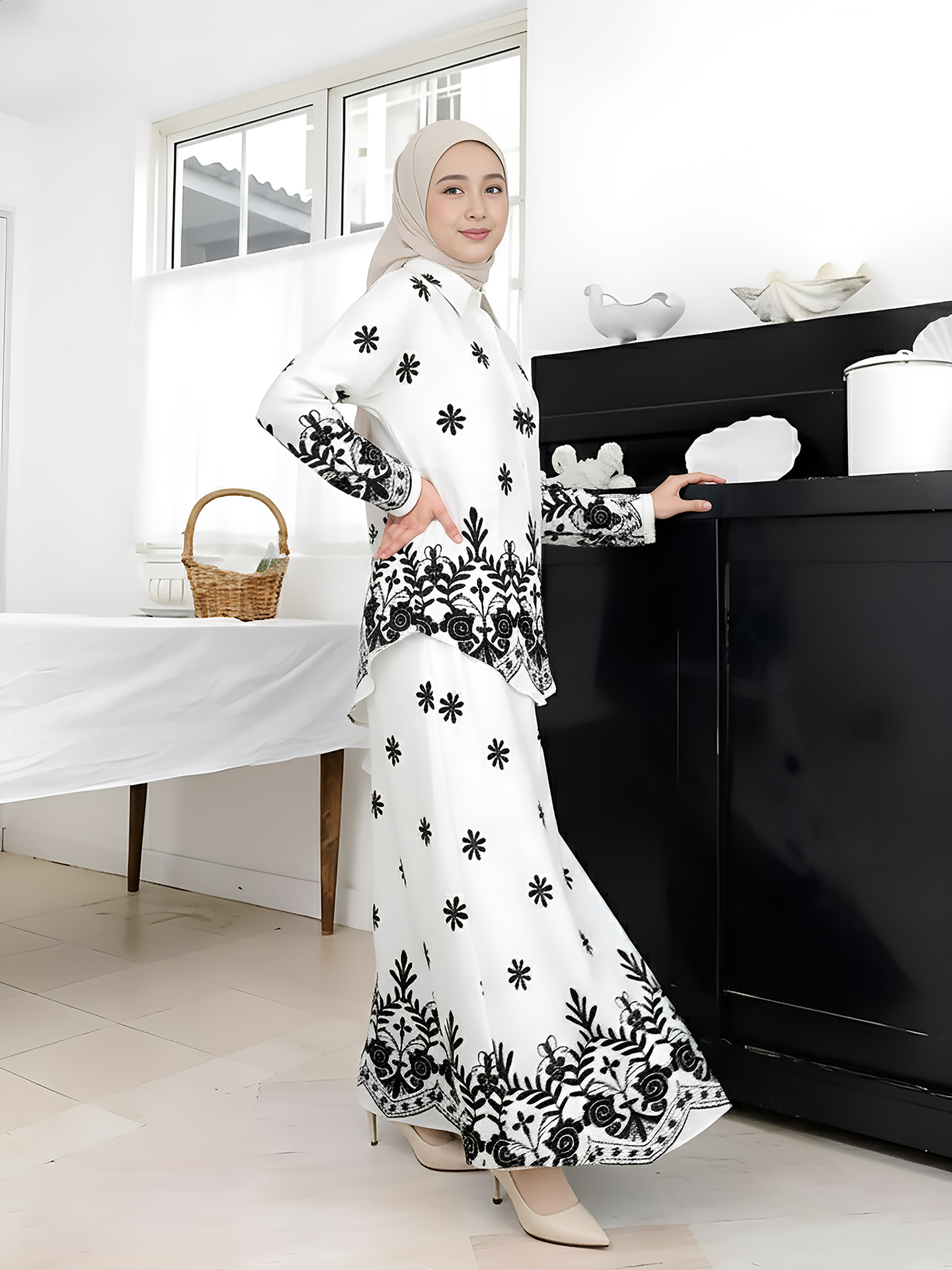 Women Print Blouse Long Skirt 2 Piece Set Muslim Button Blusa Jalabiya Ramadan Dubai Arab Long Spring - detail 12