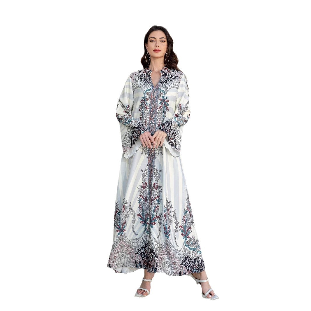 Muslim Ladies Long Dress Printed Diamond Embellished Stand Collar Abaya New Style Cross-Border Middle East Clothing - detail 1