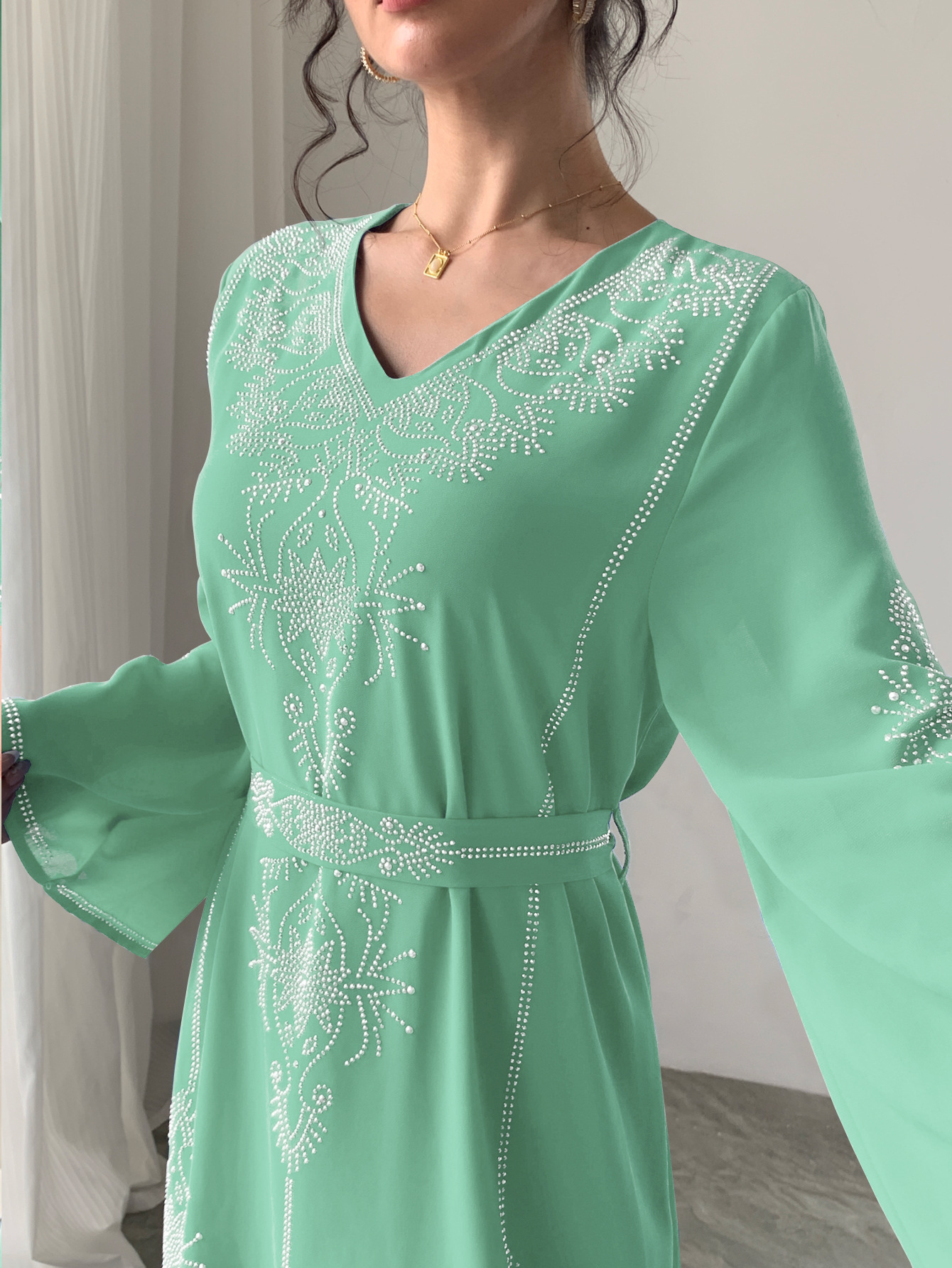 Women Diamond Dress Abaya Muslim Jalabiya Ramadan V Neck Party Dresses Arab Long Robe Dubai Kaftan - detail 2