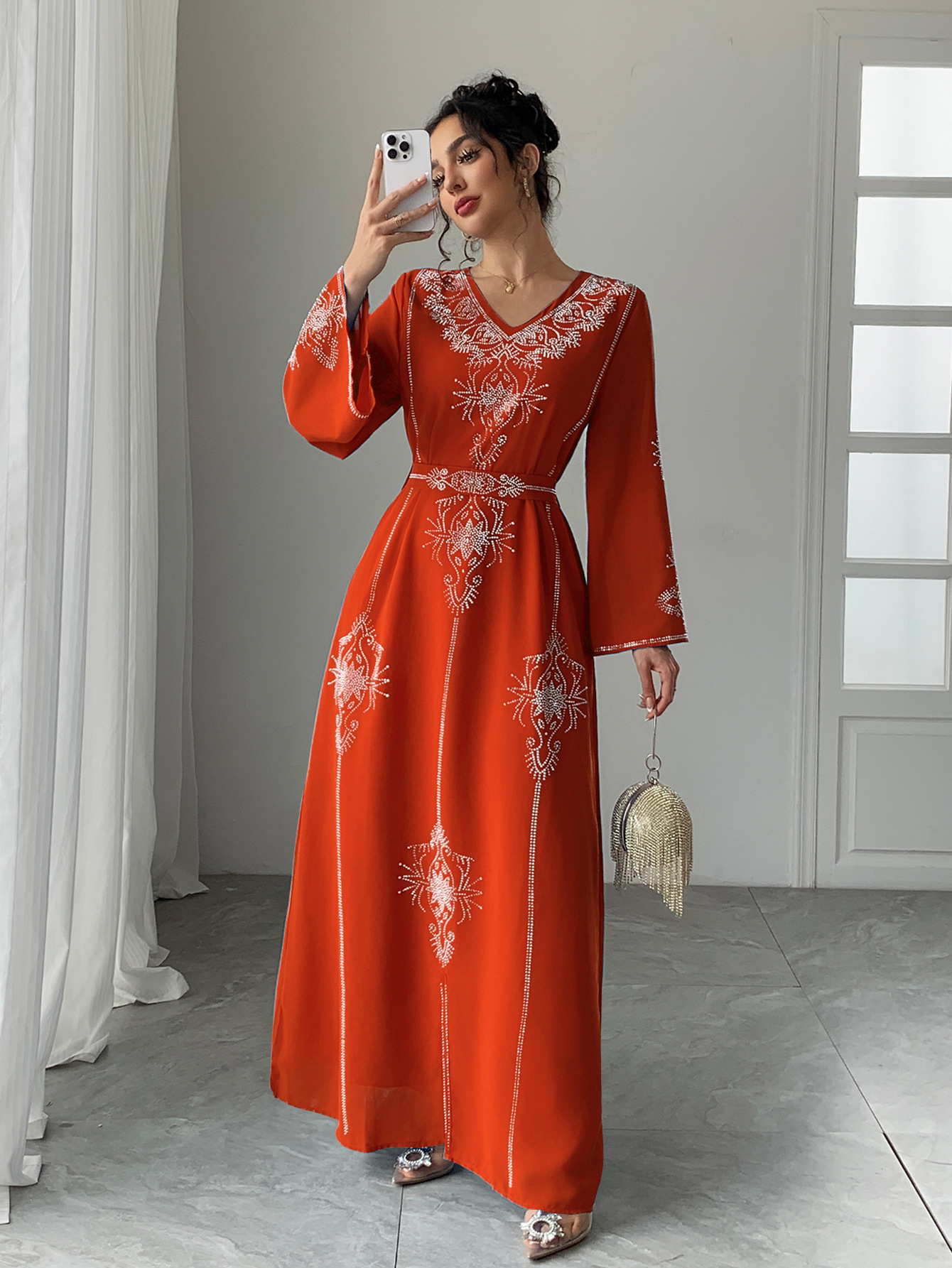Women Diamond Dress Abaya Muslim Jalabiya Ramadan V Neck Party Dresses Arab Long Robe Dubai Kaftan - detail 8