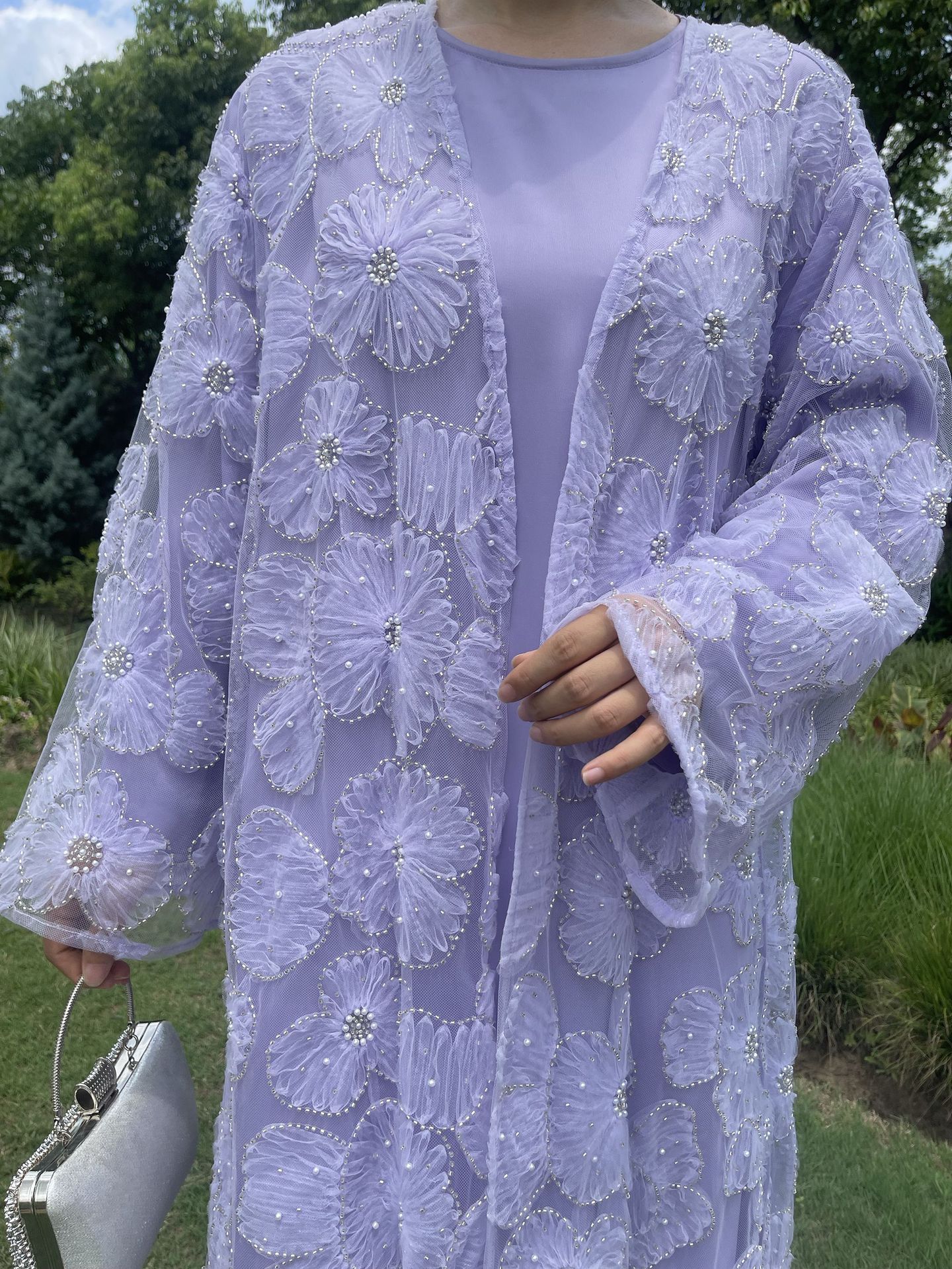 Women’s 2‑Piece Set | Mesh Floral Beaded Jacket & Satin Inner Dress | Elegant Party Outfit, Vintage Style, Modest Wear - detail 12
