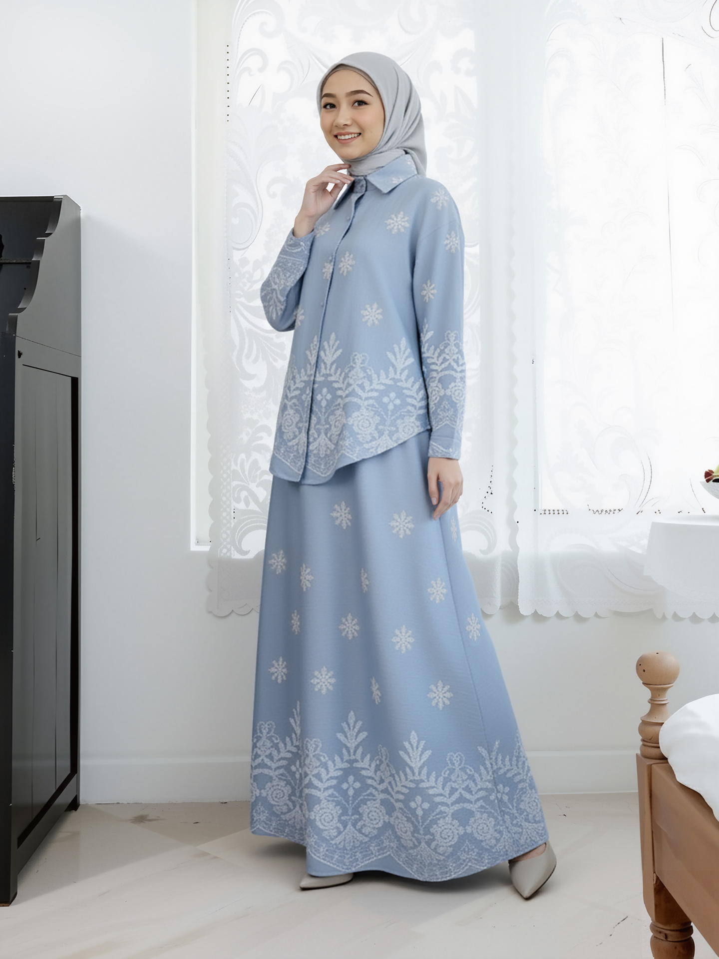 Women Print Blouse Long Skirt 2 Piece Set Muslim Button Blusa Jalabiya Ramadan Dubai Arab Long Spring - detail 4