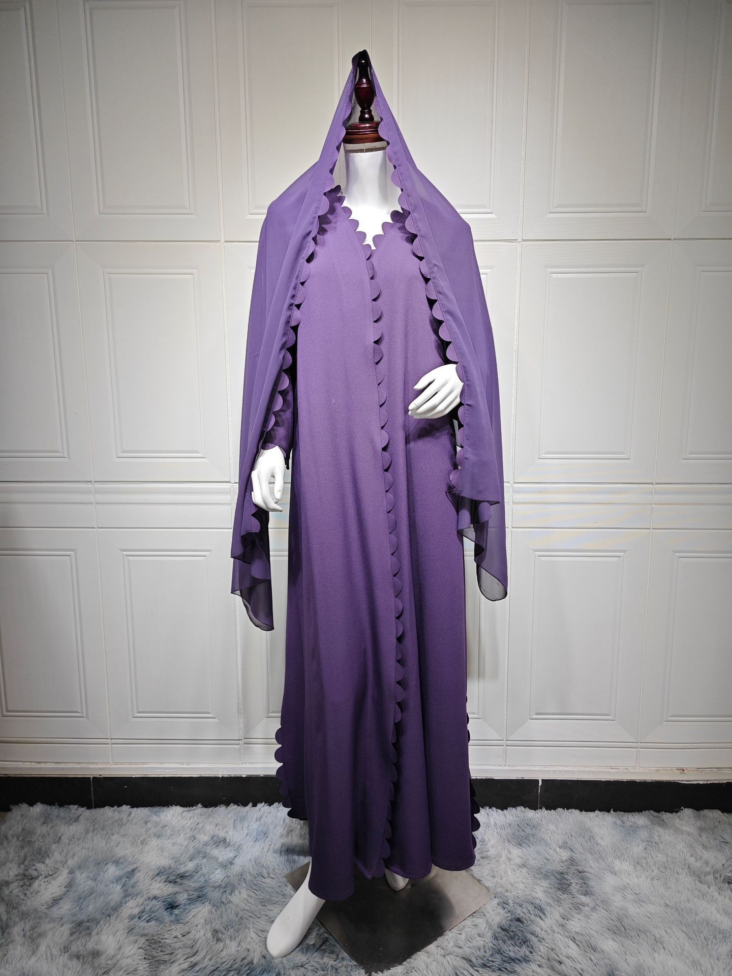 Women Abaya Cardigan Dress with Scarf Muslim Caftan Robe Jalabiya Ramadan Dubai Kaftan Abayas - detail 1