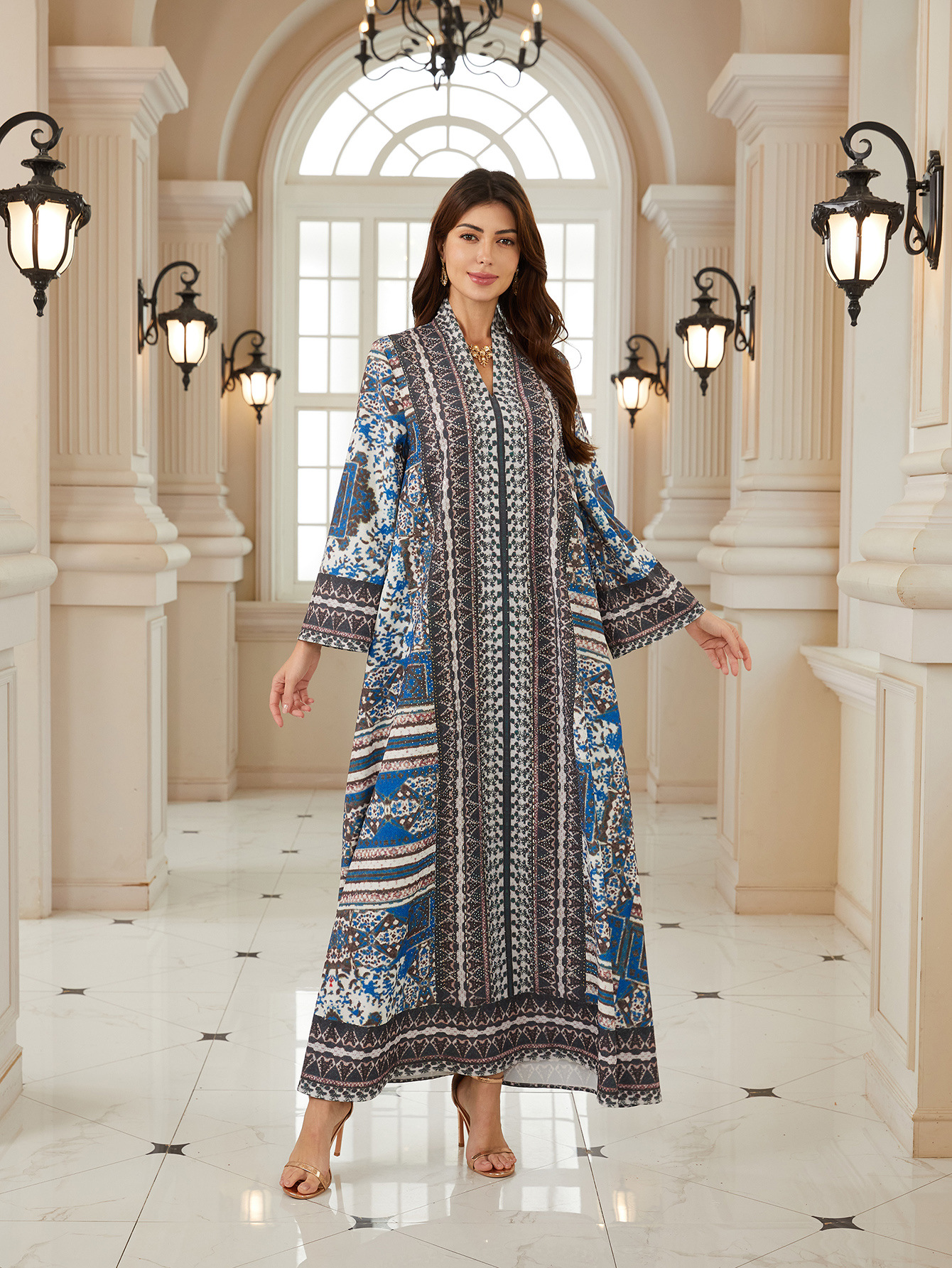 Luxury Muslim Women’s Long Sleeve Dress  Rhinestone & Water Diamond Print  Worldwide Viral Fashion Trend - detail 1