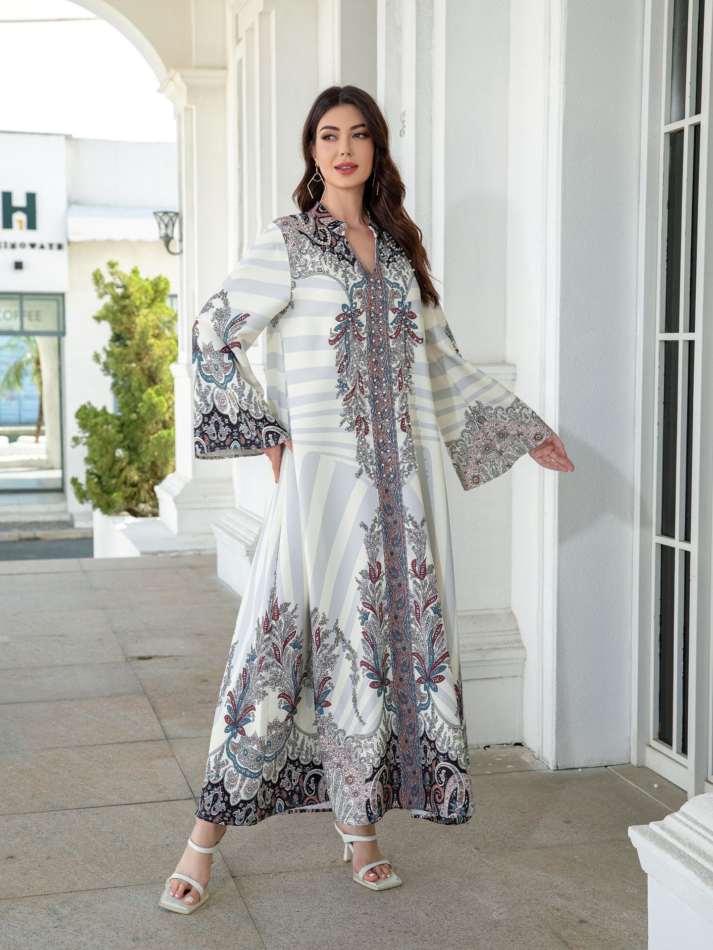 Muslim Ladies Long Dress Printed Diamond Embellished Stand Collar Abaya New Style Cross-Border Middle East Clothing - detail 5