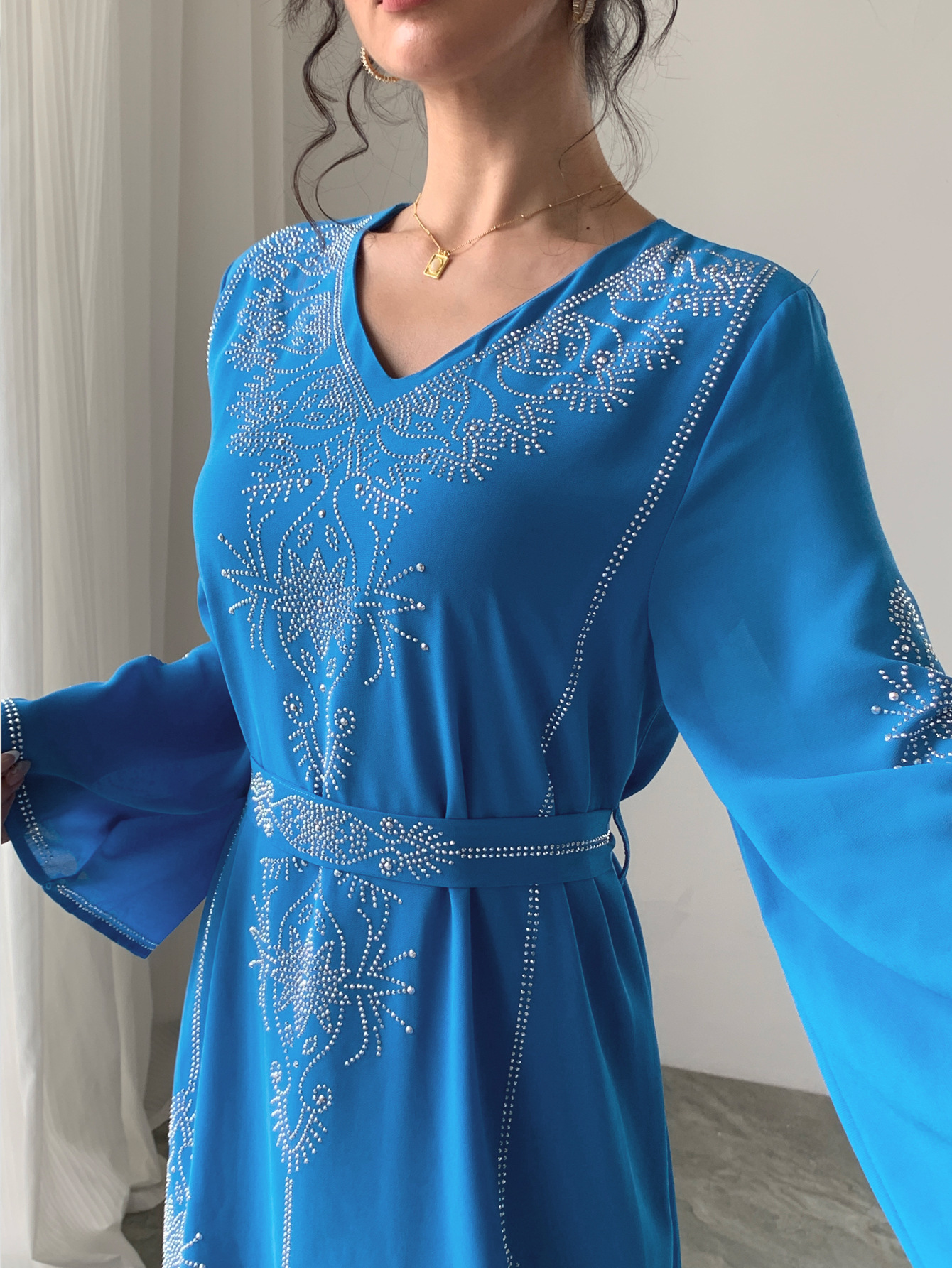 Women Diamond Dress Abaya Muslim Jalabiya Ramadan V Neck Party Dresses Arab Long Robe Dubai Kaftan - detail 9