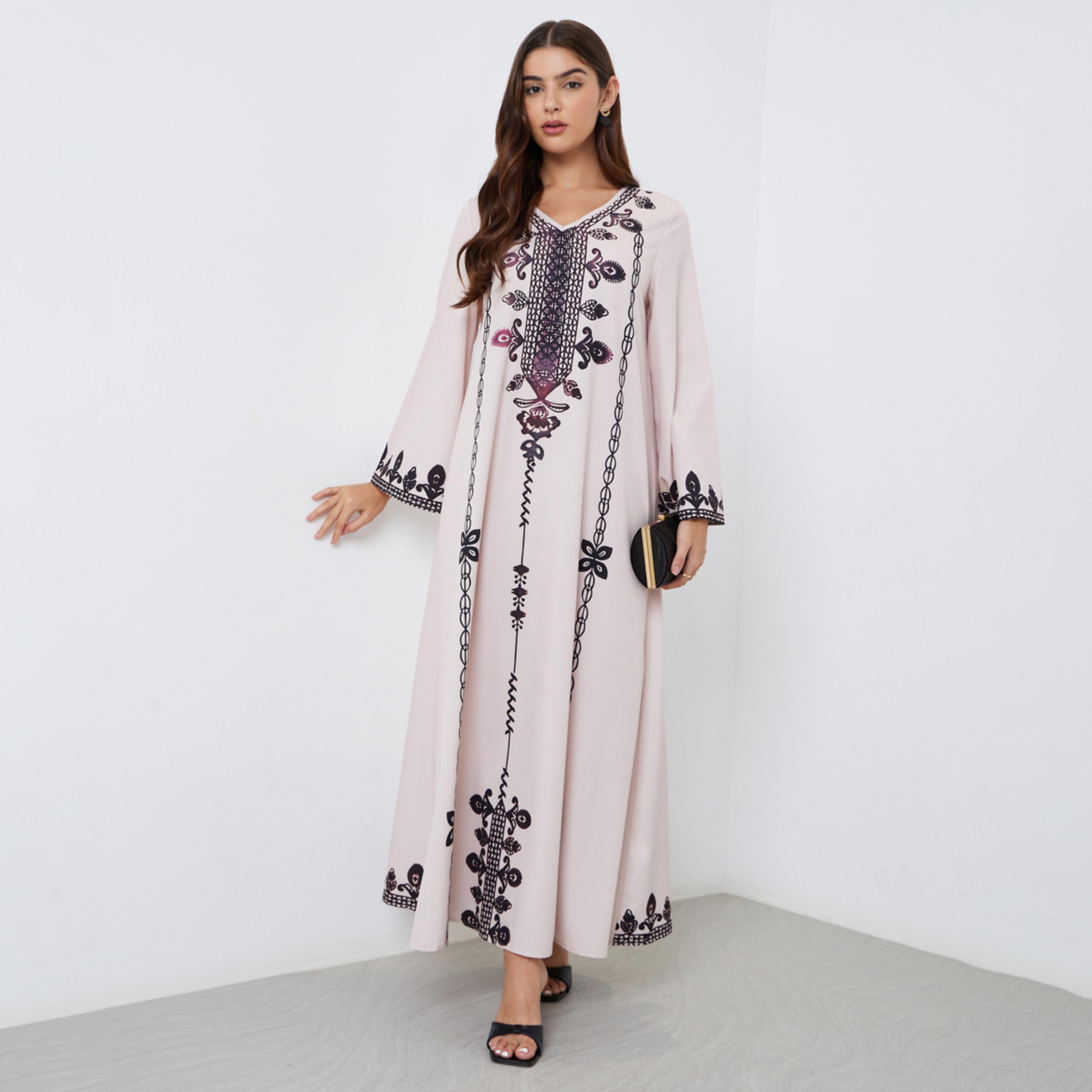Elegant Robe, Style, Plus-Size Fashion Women's Clothing, Ethnic Print, Stylish, Loose and Comfortable, Long-Sleeve Dress - detail 5