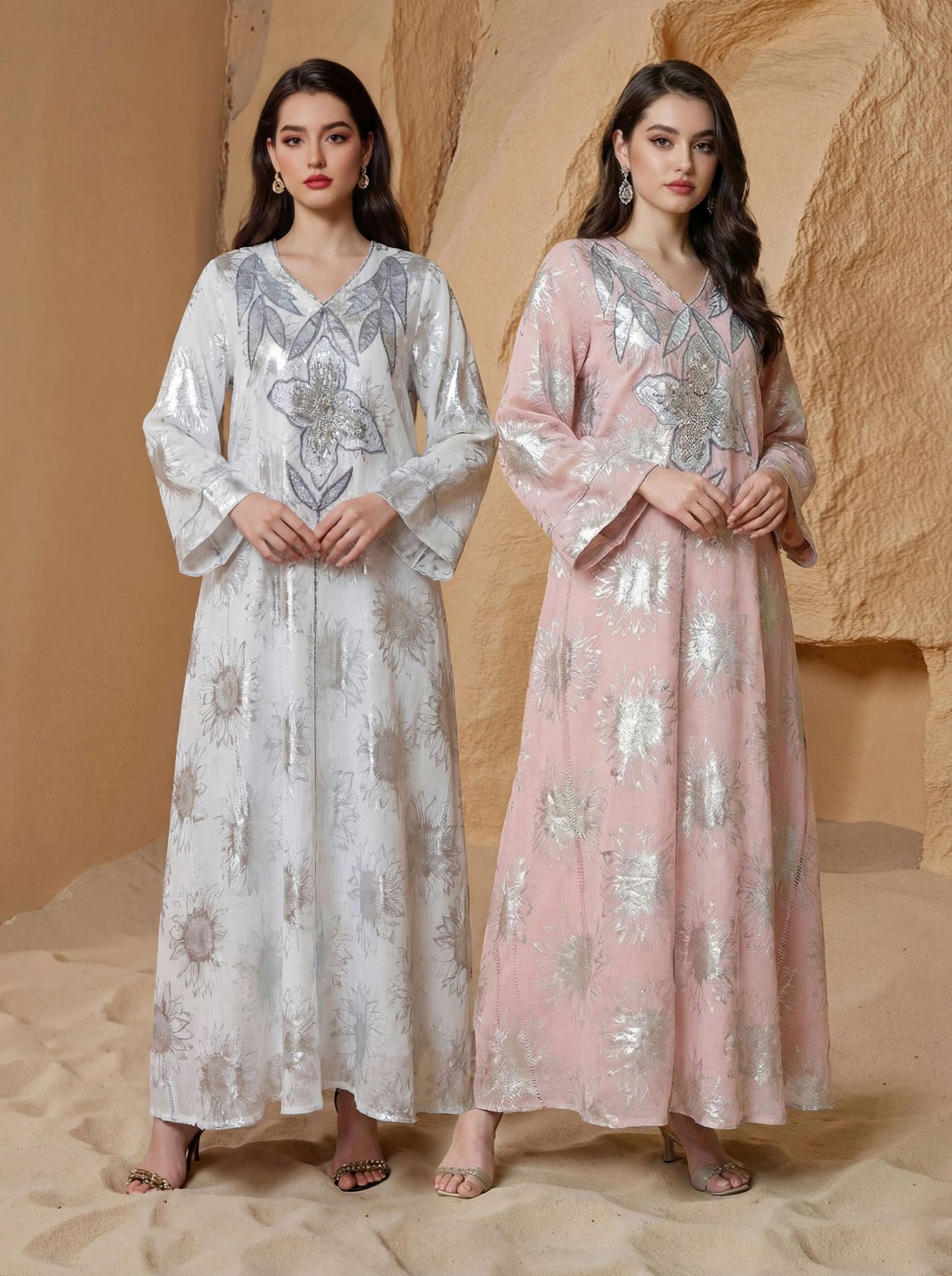 Abaya Women Party Dress Kaftan Jalabiya V Neck Sequins Muslim Dubai Ramadan Caftan Long Robe - detail 2