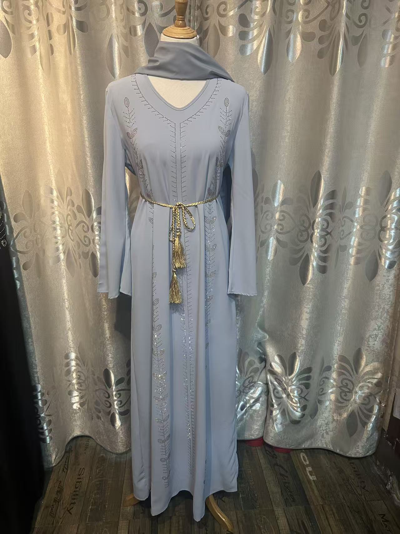 New Bell-sleeved women's abaya robe dress pullover with rhinestones and scarf, Dubai Robe - detail 4