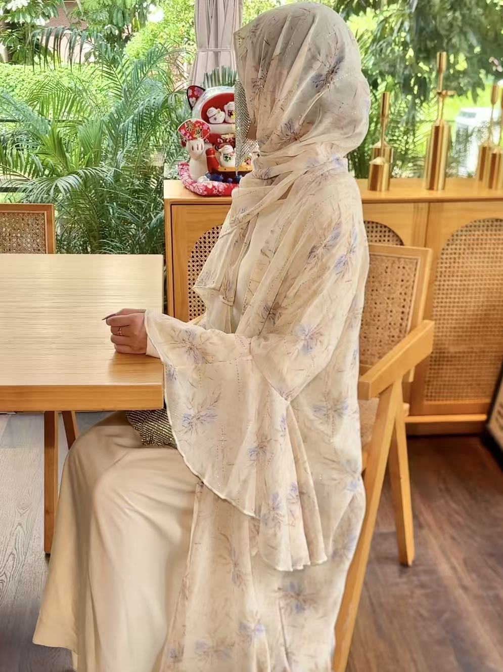 Dubai Women Pink Chiffon Printed Dress Open Kimono Abaya Floral Pattern Slim Fit Dress Kaftan Summer Casual Fashion - detail 1