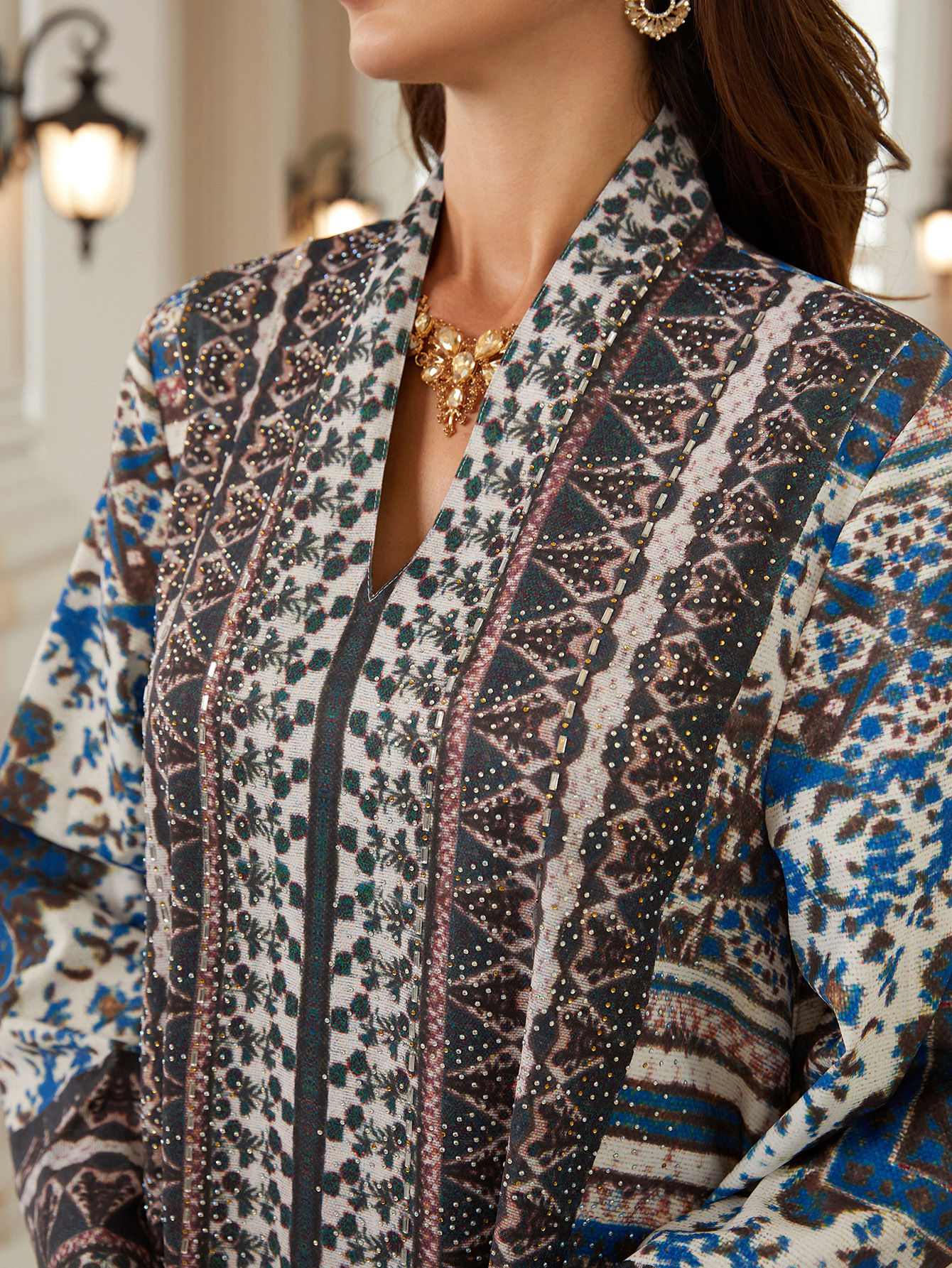 Luxury Muslim Women’s Long Sleeve Dress  Rhinestone & Water Diamond Print  Worldwide Viral Fashion Trend - detail 5
