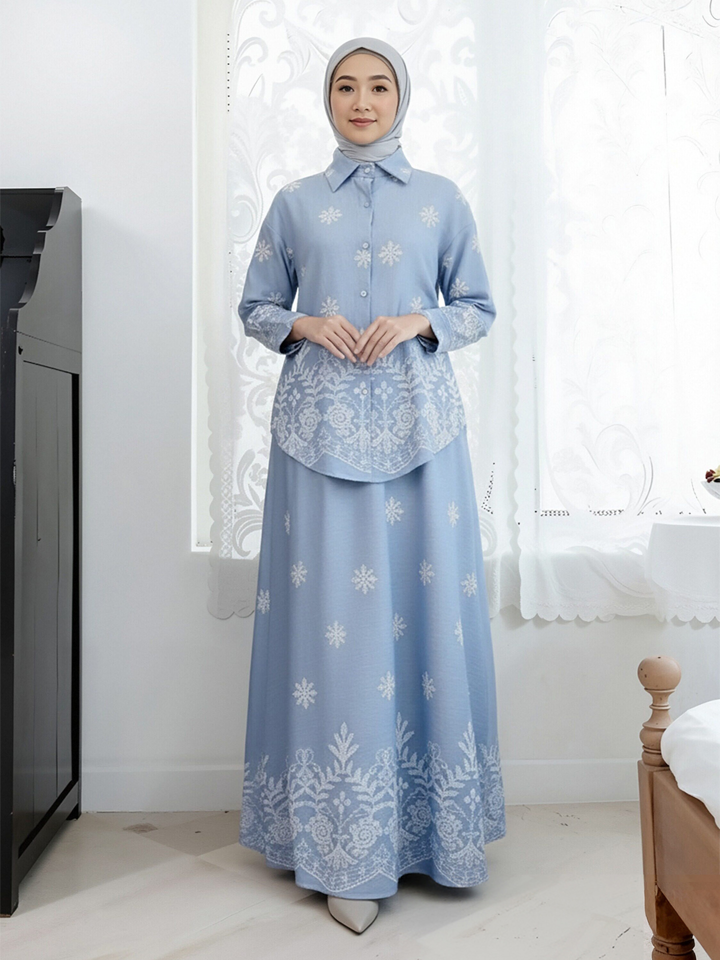 Women Print Blouse Long Skirt 2 Piece Set Muslim Button Blusa Jalabiya Ramadan Dubai Arab Long Spring - detail 8