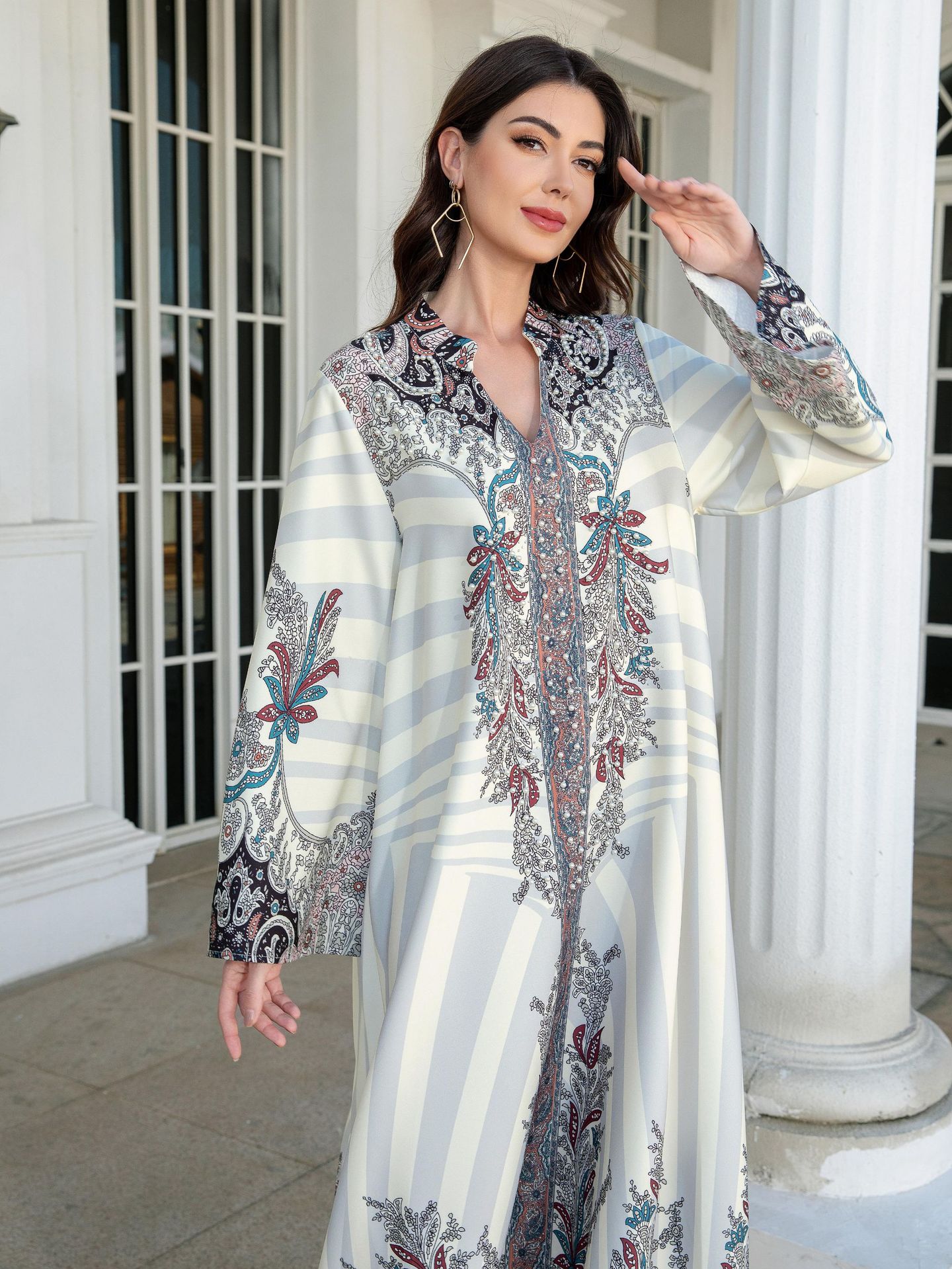 Muslim Ladies Long Dress Printed Diamond Embellished Stand Collar Abaya New Style Cross-Border Middle East Clothing - detail 8