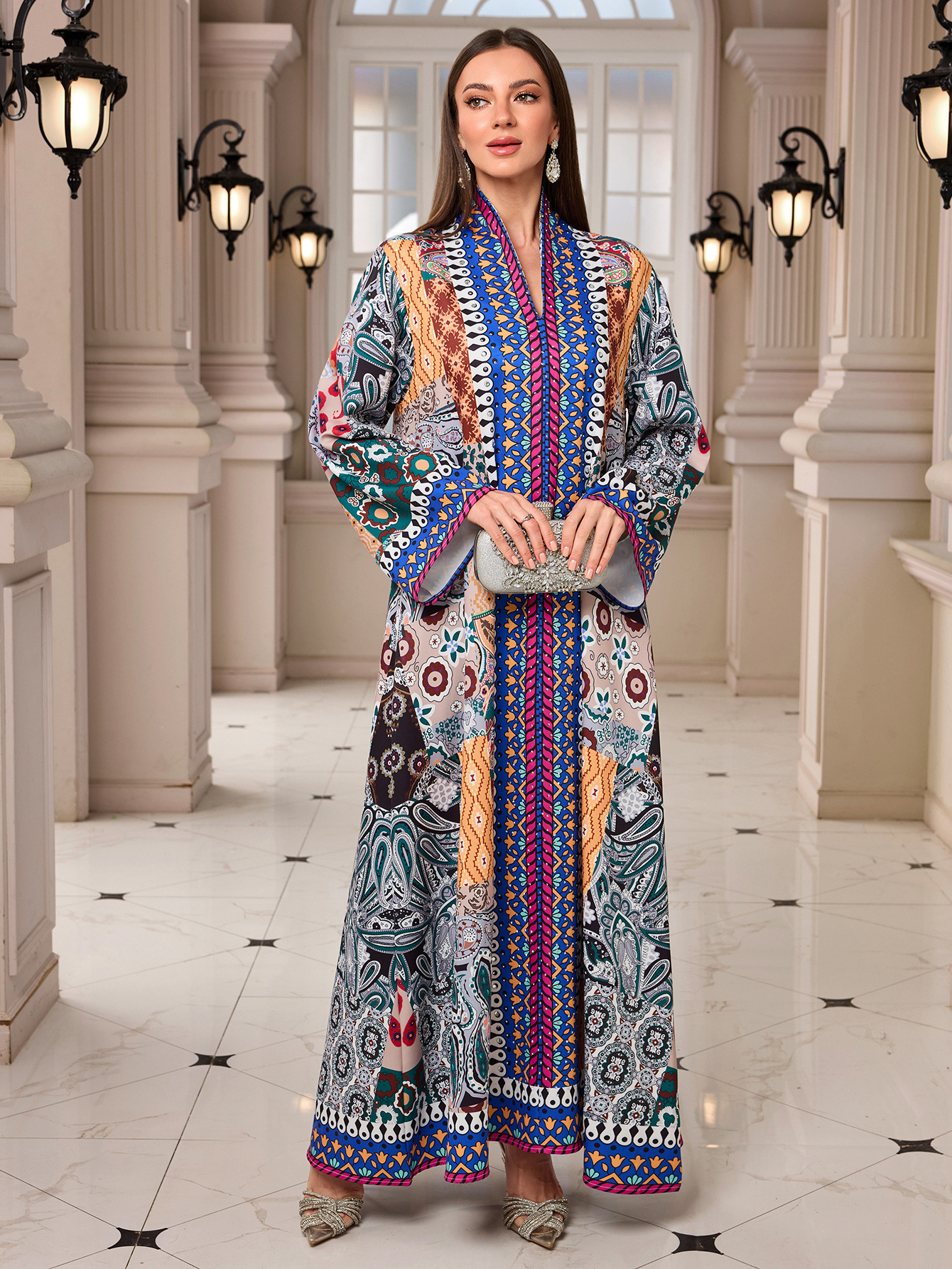 Ramadan Middle East Muslim New Ethnic Print Long Outer Wrap Robe Long Sleeve V-Neck Rhinestone Dress for Daily Wear - detail 5