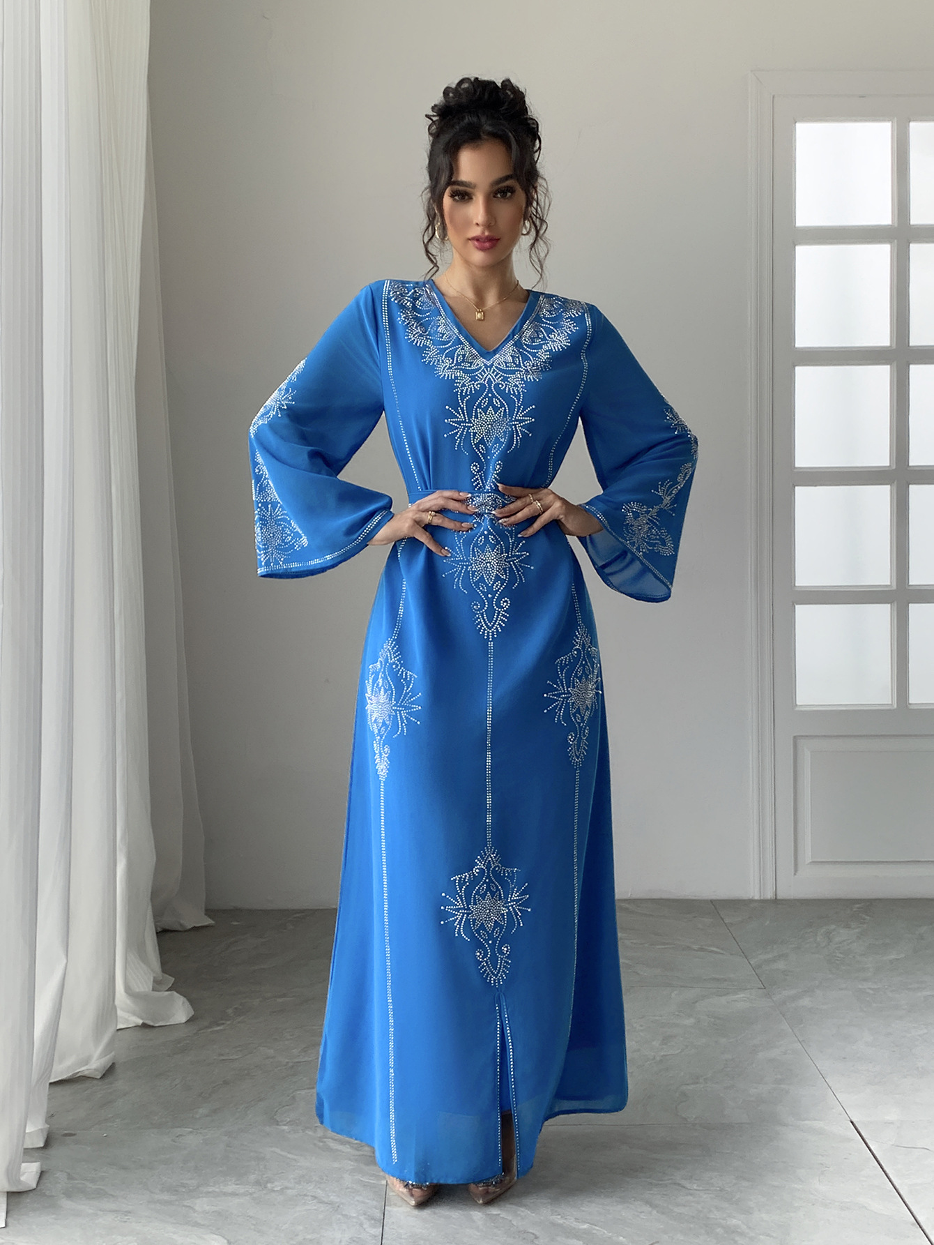 Women Diamond Dress Abaya Muslim Jalabiya Ramadan V Neck Party Dresses Arab Long Robe Dubai Kaftan - detail 10