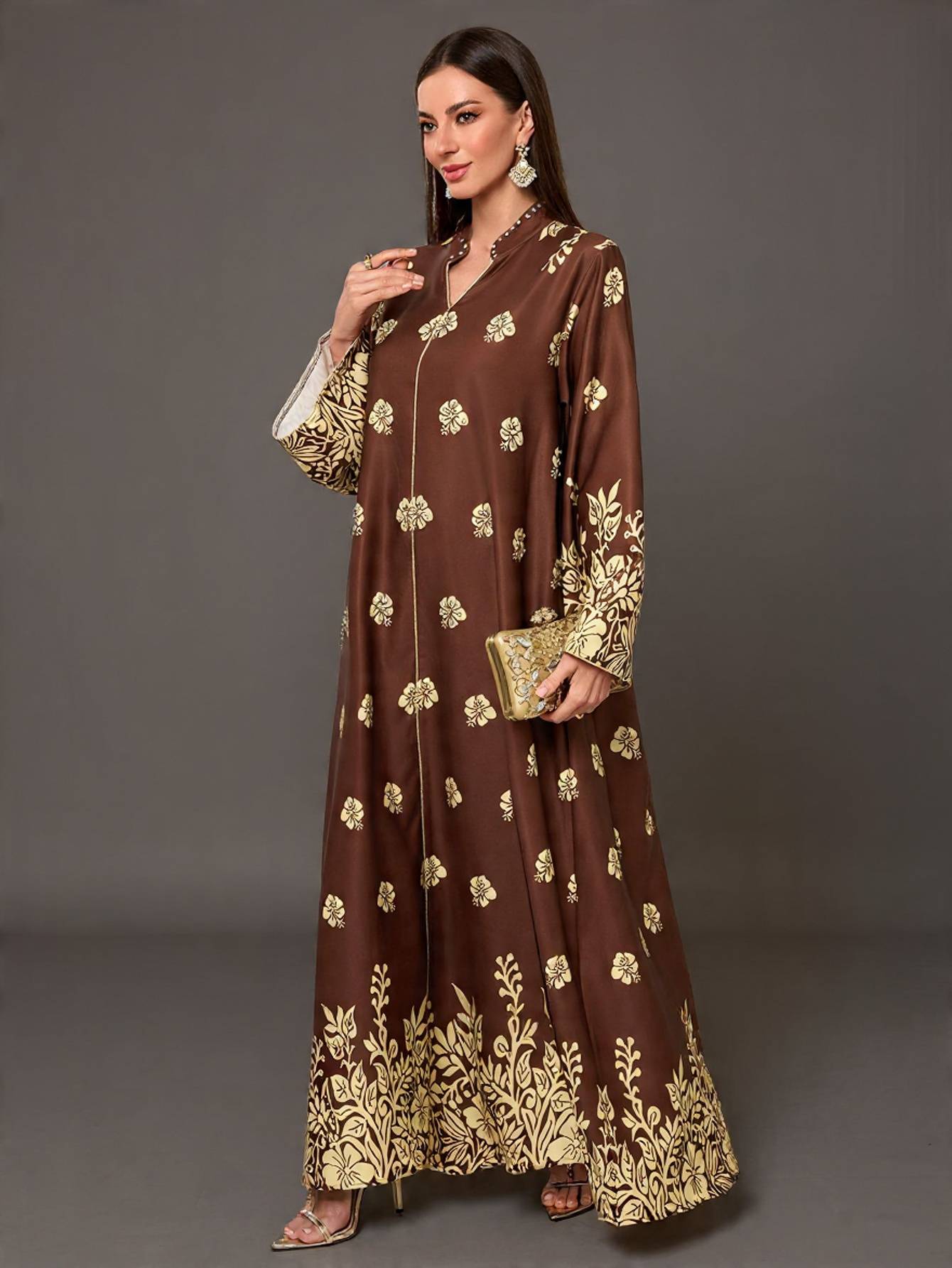 Women Print Dress Abaya Muslim Jalabiya Ramadan V Neck Party Dresses Arab Long Robe Dubai Kaftan - detail 2