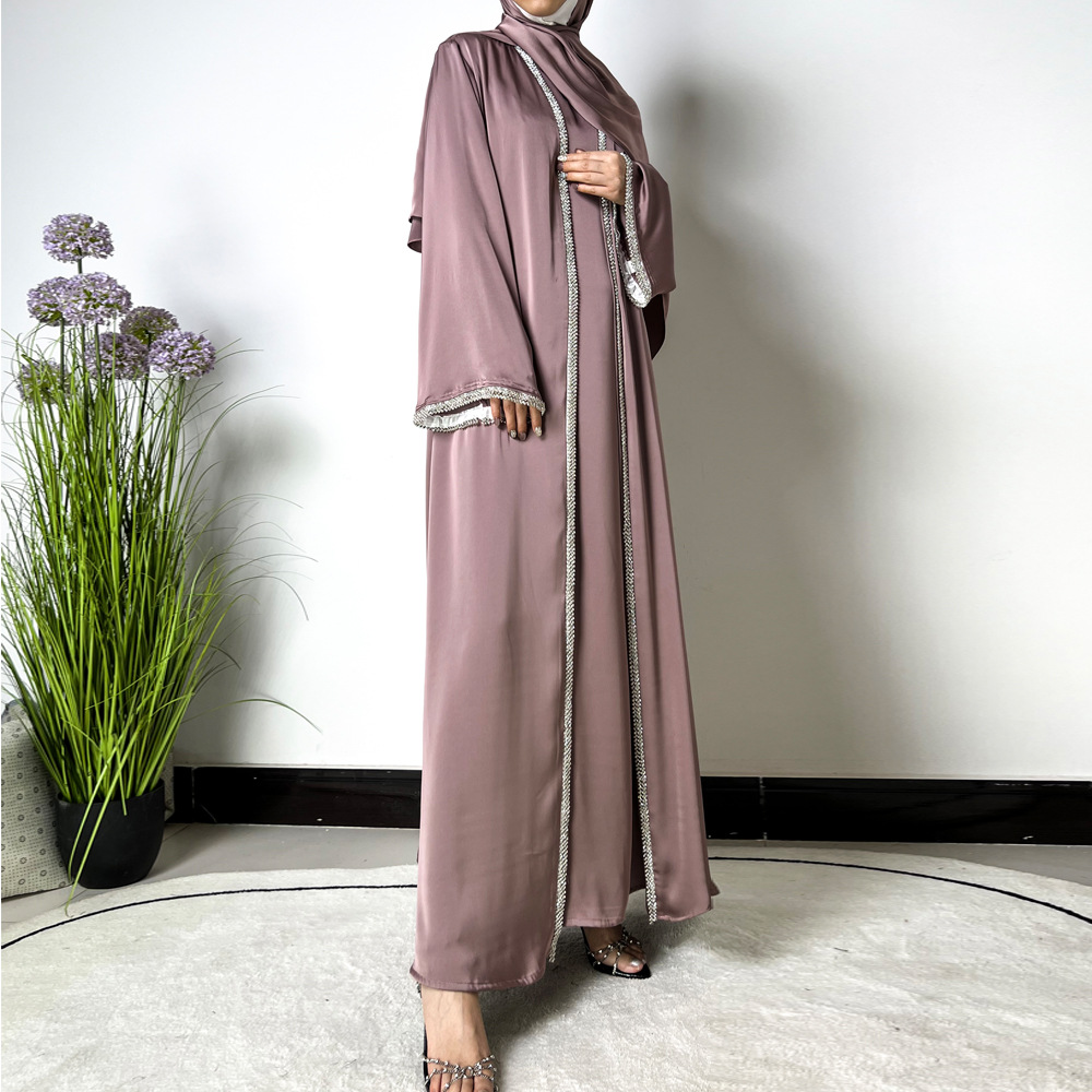 Ramadan Muslim Set Abaya Women Satin Kimono Dress Hijab Belt Diamond Cardigan Abayas Kaftan Dubai Robe - detail 9