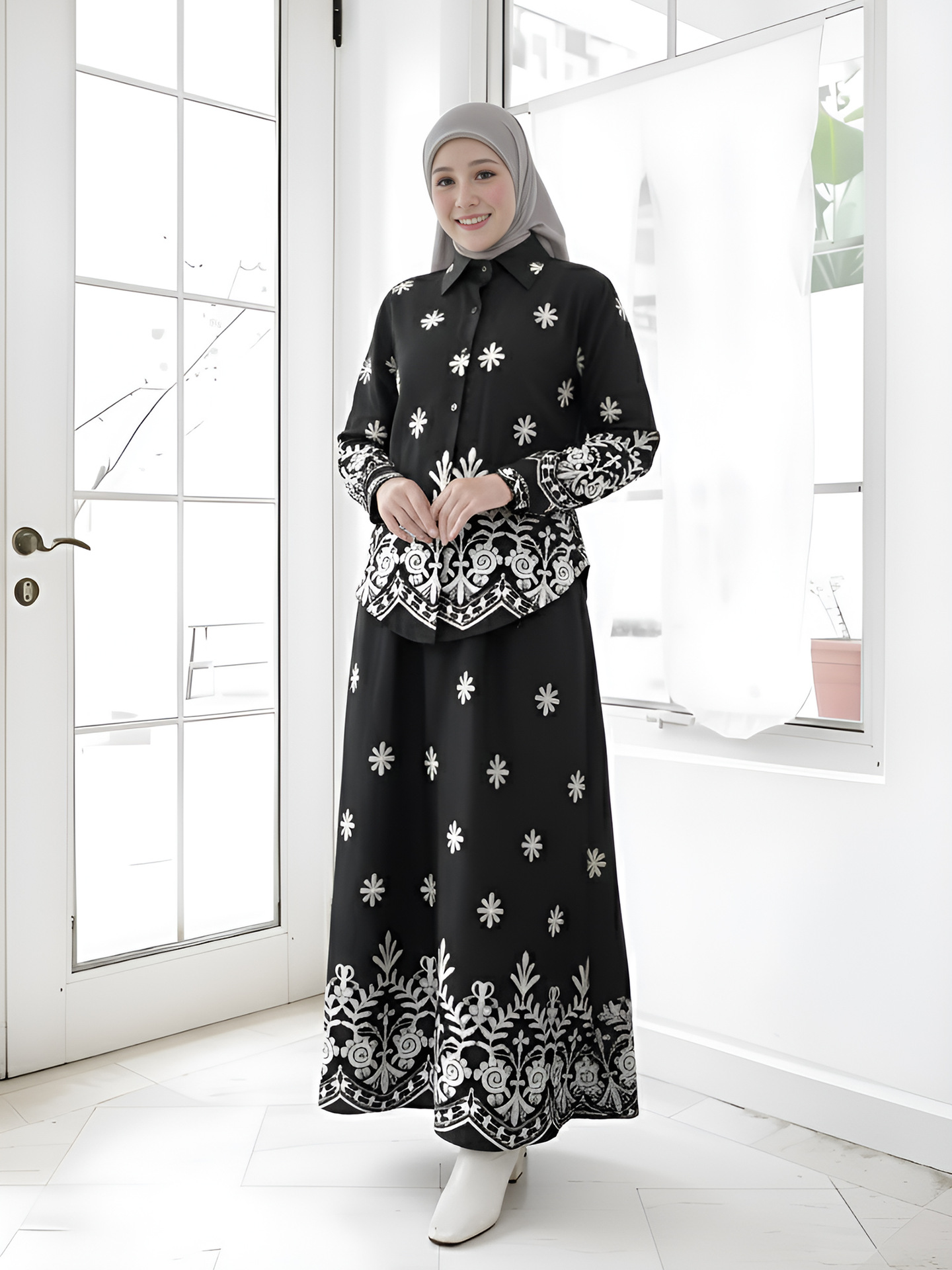 Women Print Blouse Long Skirt 2 Piece Set Muslim Button Blusa Jalabiya Ramadan Dubai Arab Long Spring - detail 11
