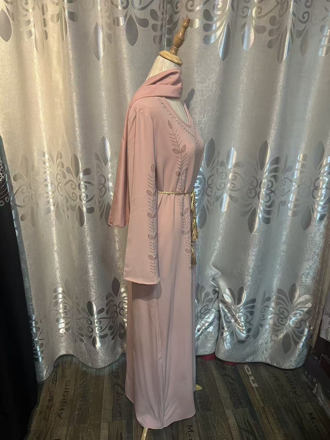 New Bell-sleeved women's abaya robe dress pullover with rhinestones and scarf, Dubai Robe - detail 7