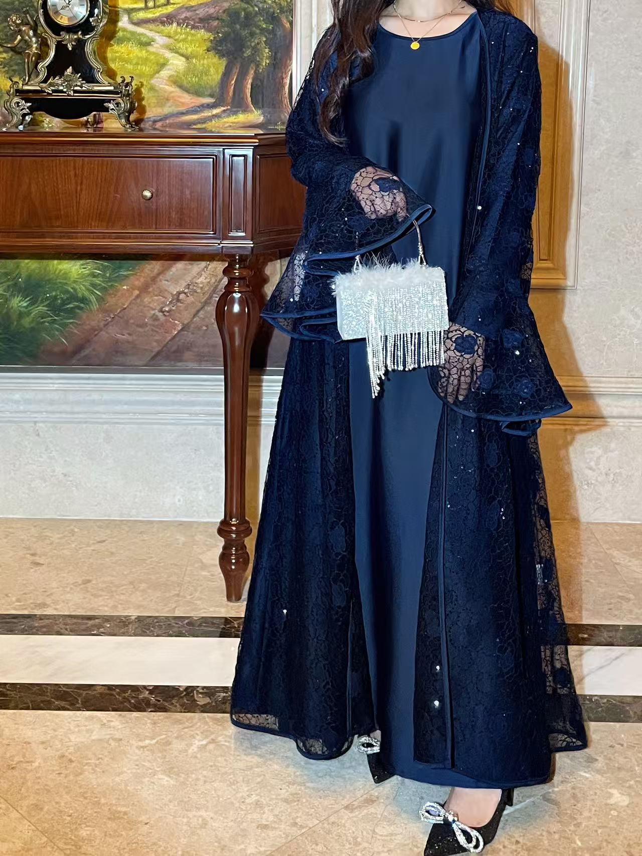 Muslim Party Women's Suits Lace Flare Sleeve Shawl Coat and Long Dress Two Piece Set Spring Elegant Solid Color Outfit - detail 1