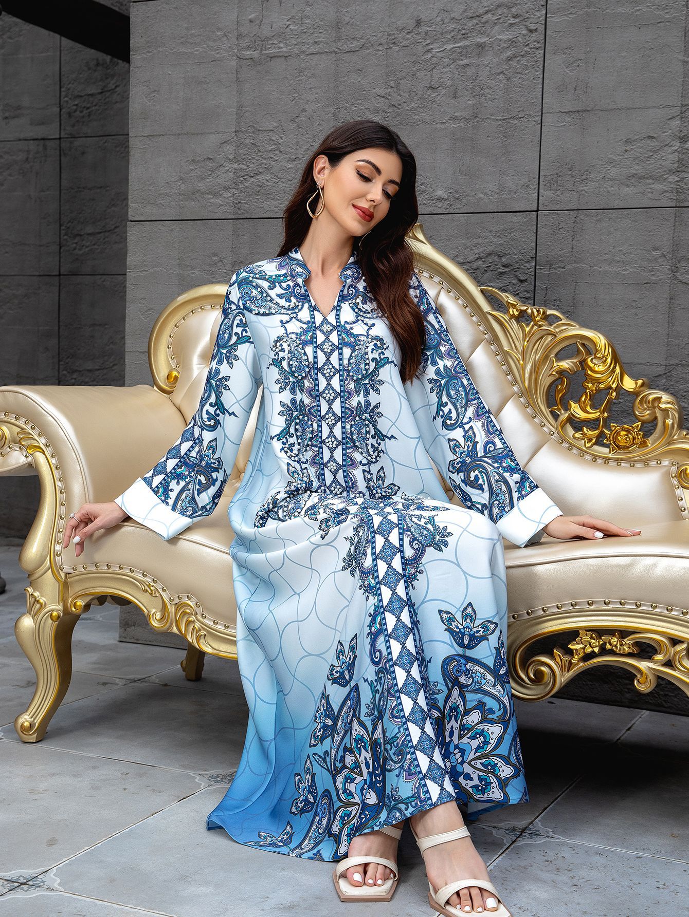 Women Dress Abaya Muslim Ramadan Jalabiya Print Beading Party Dresses Dubai Long Robe Kaftan - detail 7