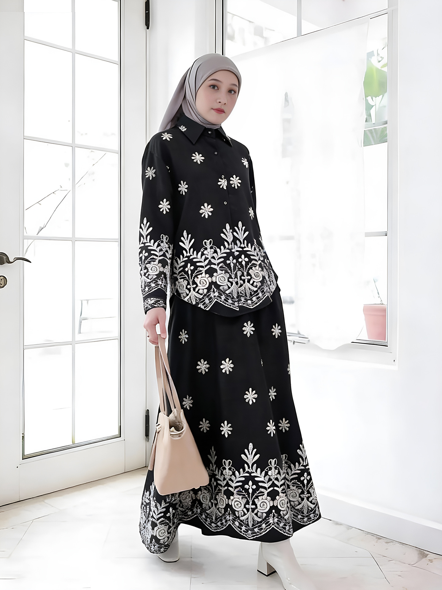 Women Print Blouse Long Skirt 2 Piece Set Muslim Button Blusa Jalabiya Ramadan Dubai Arab Long Spring - detail 5