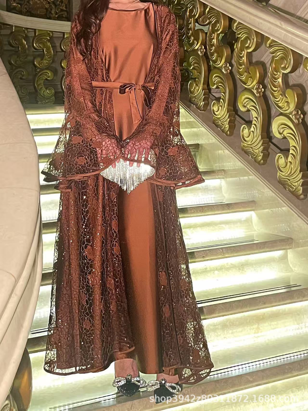Muslim Party Women's Suits Lace Flare Sleeve Shawl Coat and Long Dress Two Piece Set Spring Elegant Solid Color Outfit - detail 3