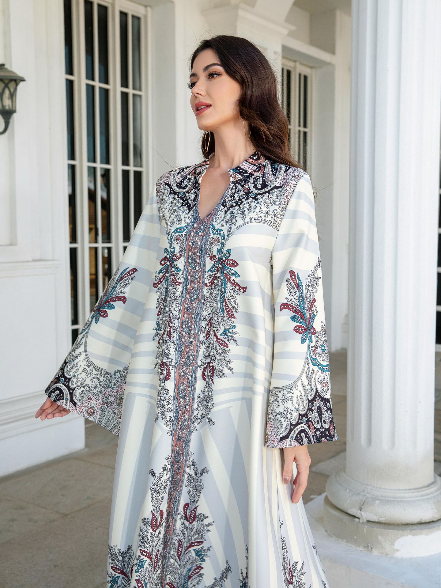 Muslim Ladies Long Dress Printed Diamond Embellished Stand Collar Abaya New Style Cross-Border Middle East Clothing - detail 4