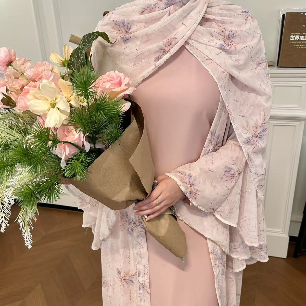 Dubai Women Pink Chiffon Printed Dress Open Kimono Abaya Floral Pattern Slim Fit Dress Kaftan Summer Casual Fashion - detail 2