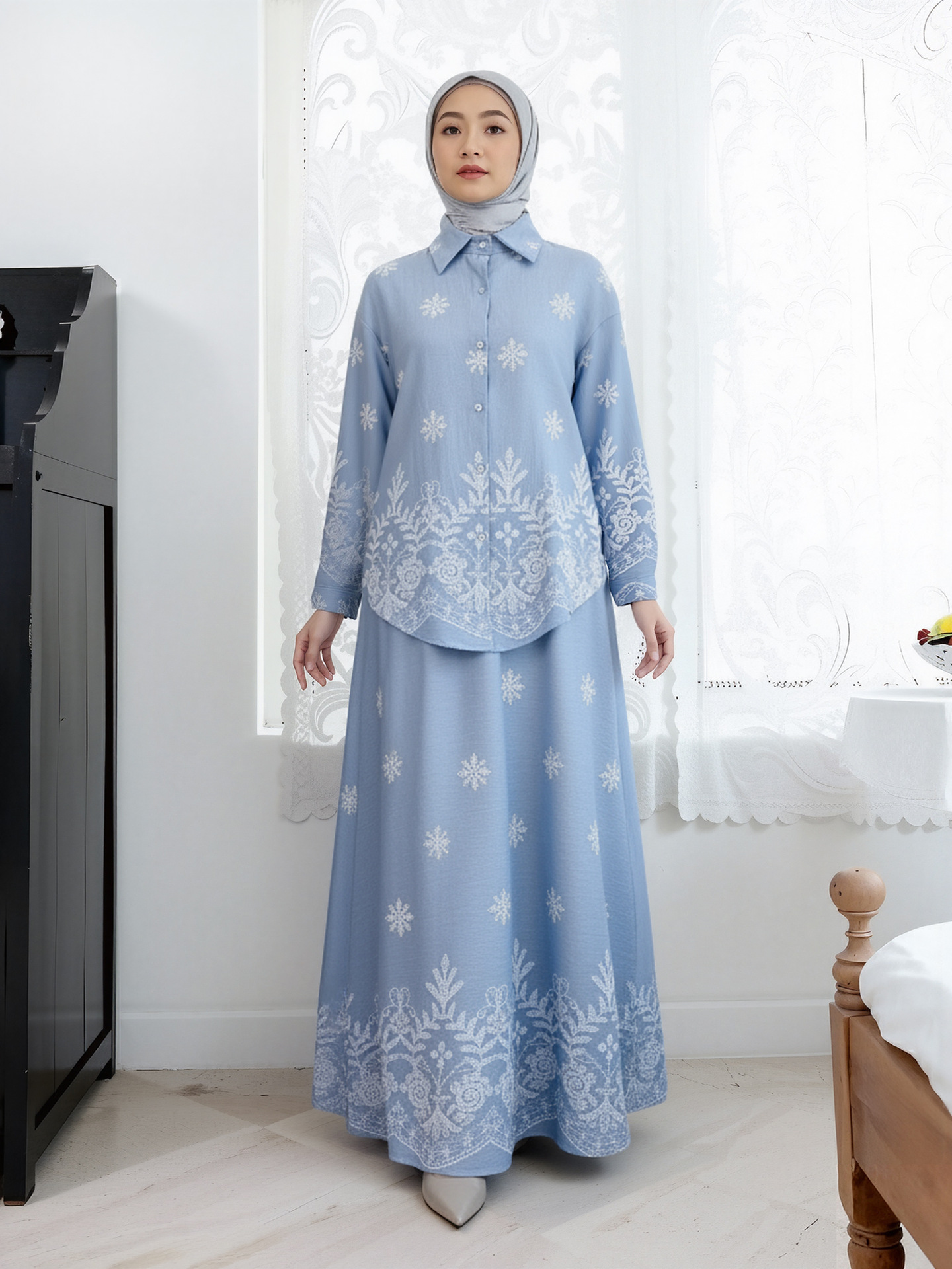 Women Print Blouse Long Skirt 2 Piece Set Muslim Button Blusa Jalabiya Ramadan Dubai Arab Long Spring - detail 7