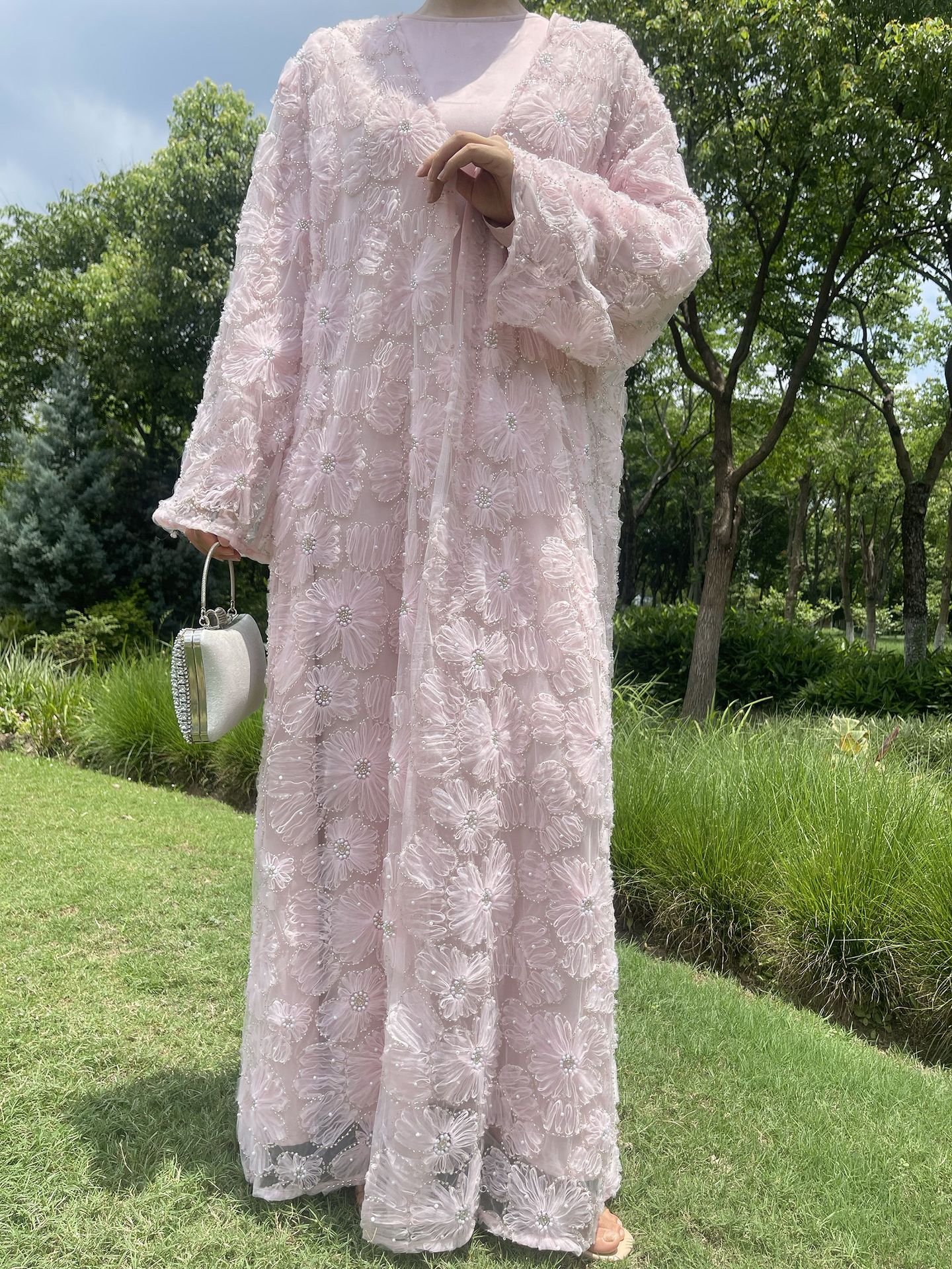 Women’s 2‑Piece Set | Mesh Floral Beaded Jacket & Satin Inner Dress | Elegant Party Outfit, Vintage Style, Modest Wear - detail 11