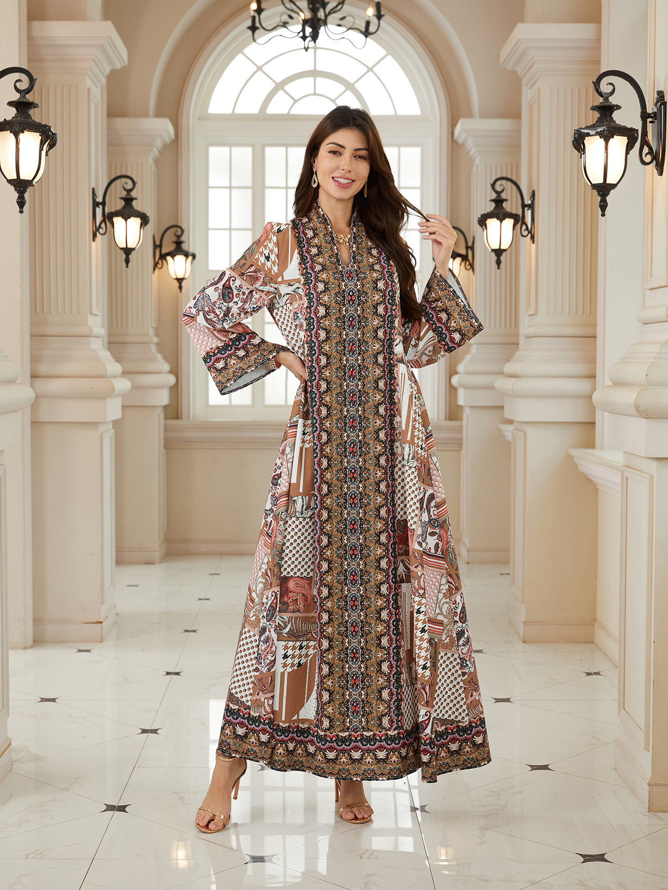 Elegant Jalabiya Sparkly Rhinestone Embroidered Kaftan Traditional Print Modest MaxiDress Arab Abaya MuslimGown - detail 2