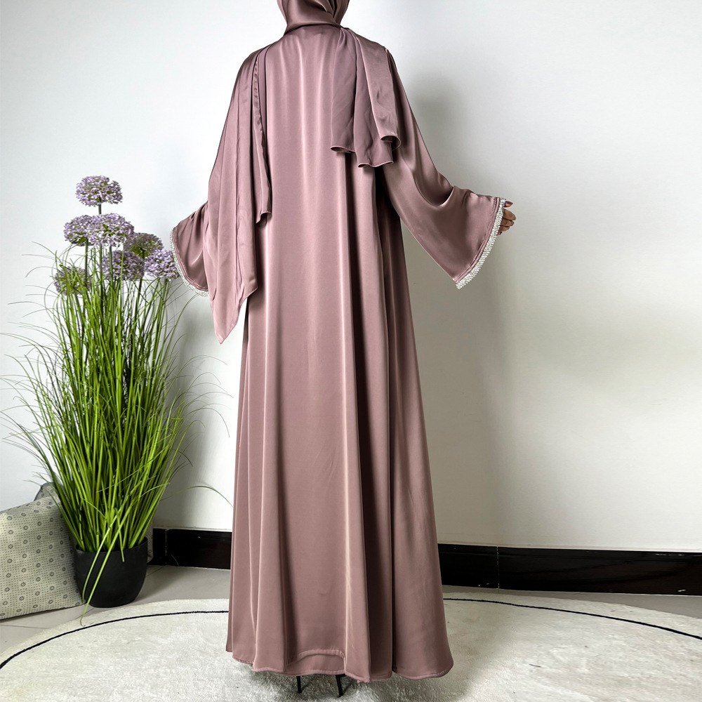 Ramadan Muslim Set Abaya Women Satin Kimono Dress Hijab Belt Diamond Cardigan Abayas Kaftan Dubai Robe - detail 7