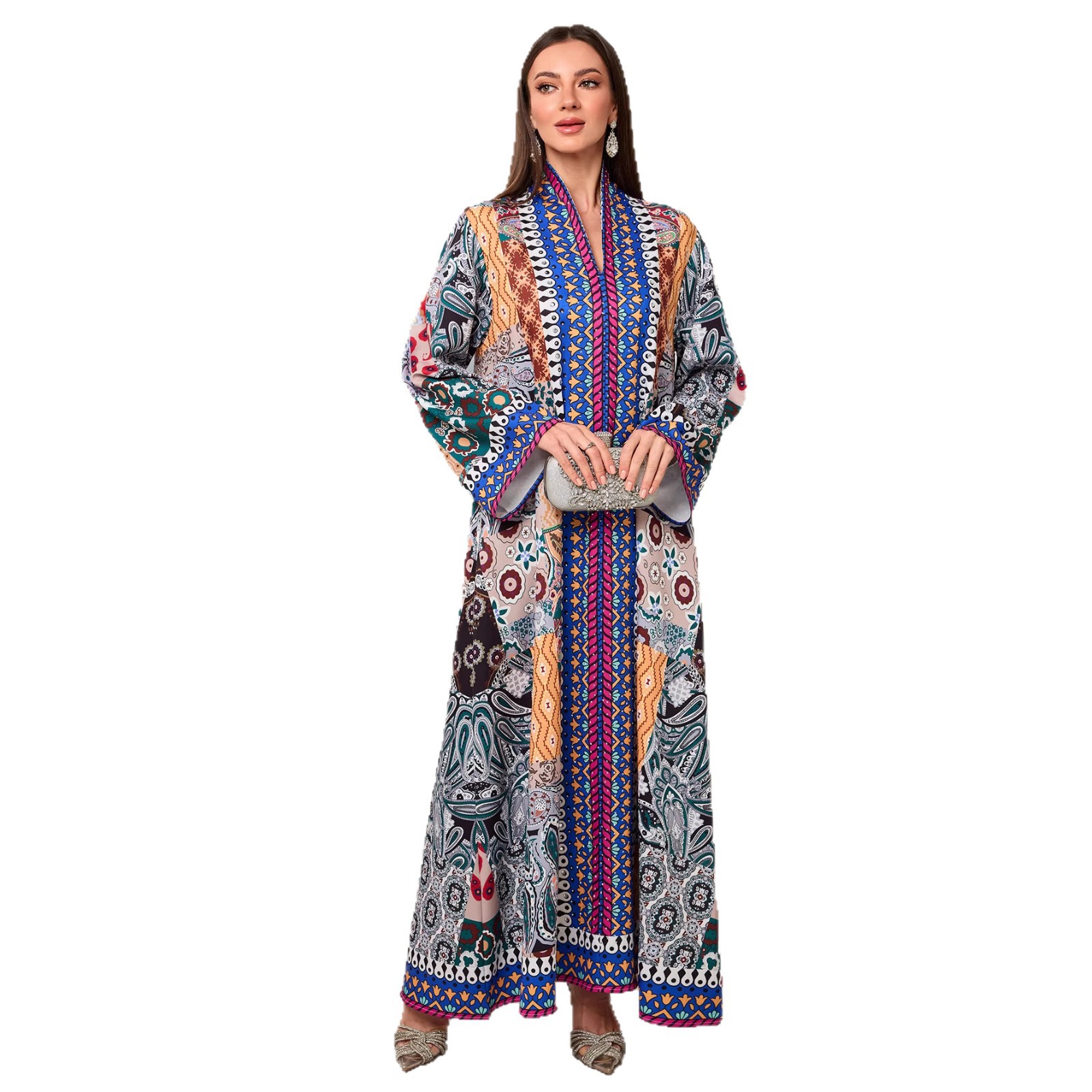 Ramadan Middle East Muslim New Ethnic Print Long Outer Wrap Robe Long Sleeve V-Neck Rhinestone Dress for Daily Wear - detail 1