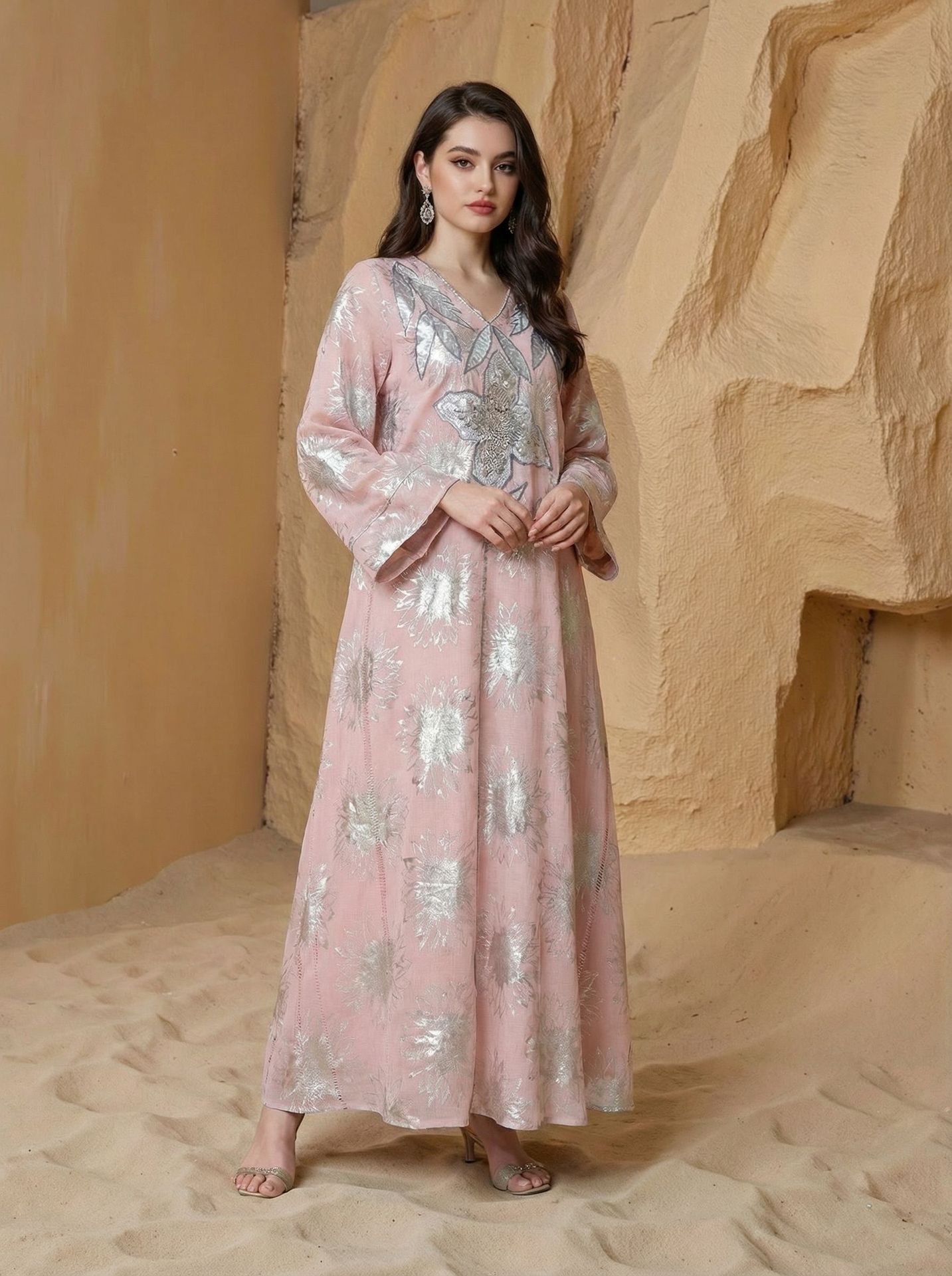 Abaya Women Party Dress Kaftan Jalabiya V Neck Sequins Muslim Dubai Ramadan Caftan Long Robe - detail 5