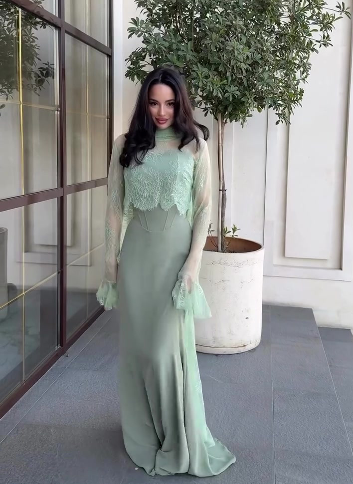 Thinyfull Saudi Arabia Mermaid Prom Evening Dresses Long Sleeve Lace Maxi Party Dress 2 Pieces Cocktail Prom Gowns - detail 1