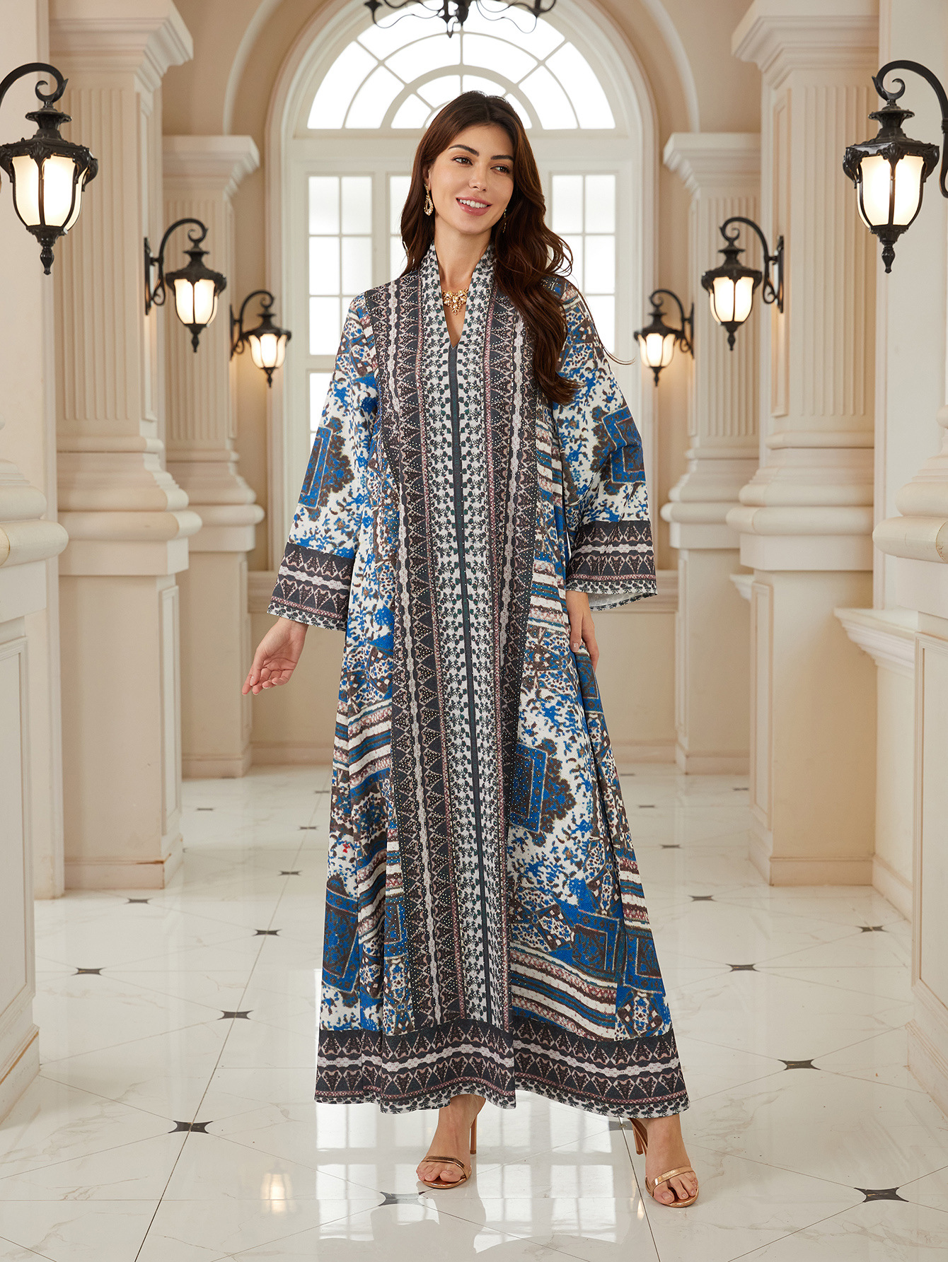 Luxury Muslim Women’s Long Sleeve Dress  Rhinestone & Water Diamond Print  Worldwide Viral Fashion Trend - detail 3