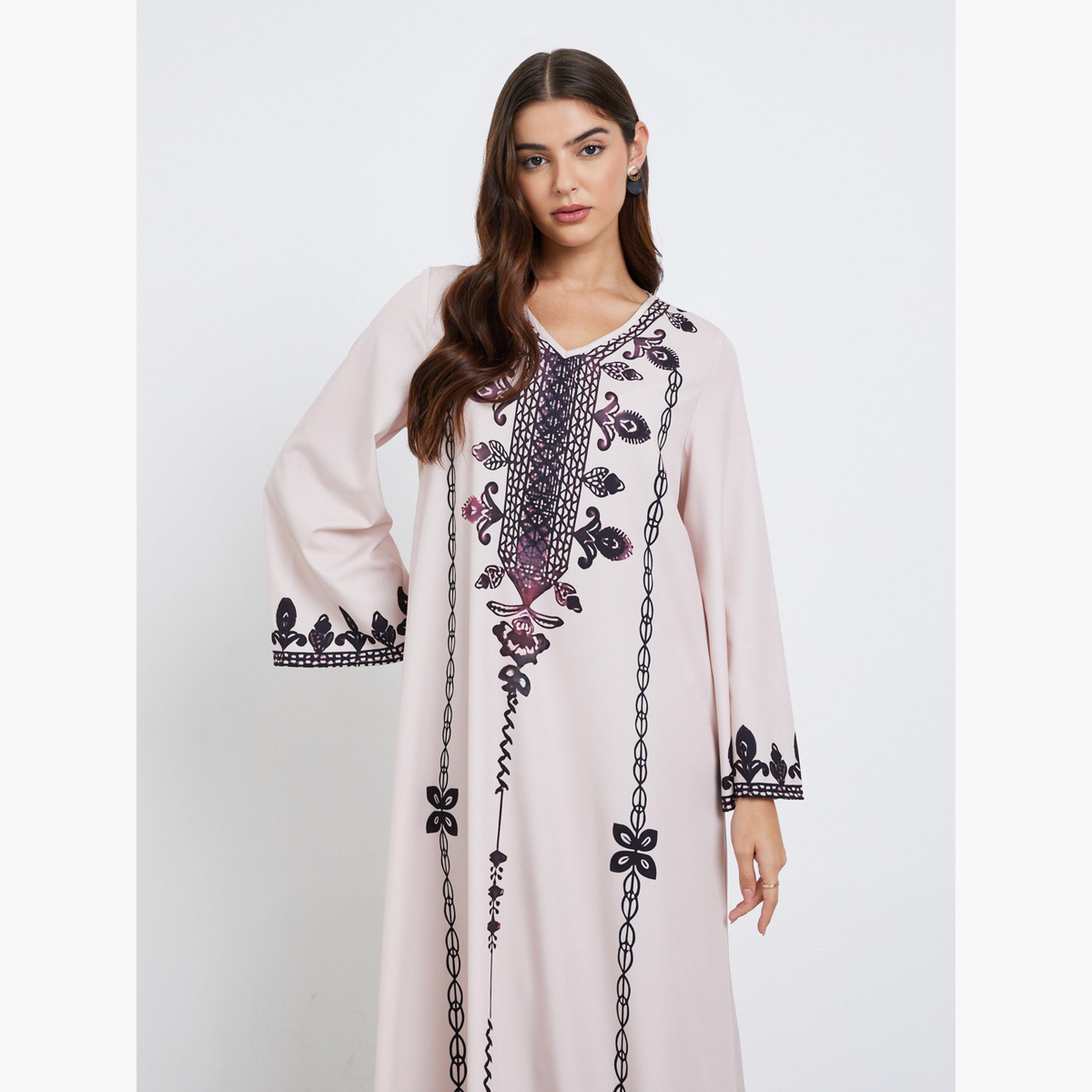 Elegant Robe, Style, Plus-Size Fashion Women's Clothing, Ethnic Print, Stylish, Loose and Comfortable, Long-Sleeve Dress - detail 6